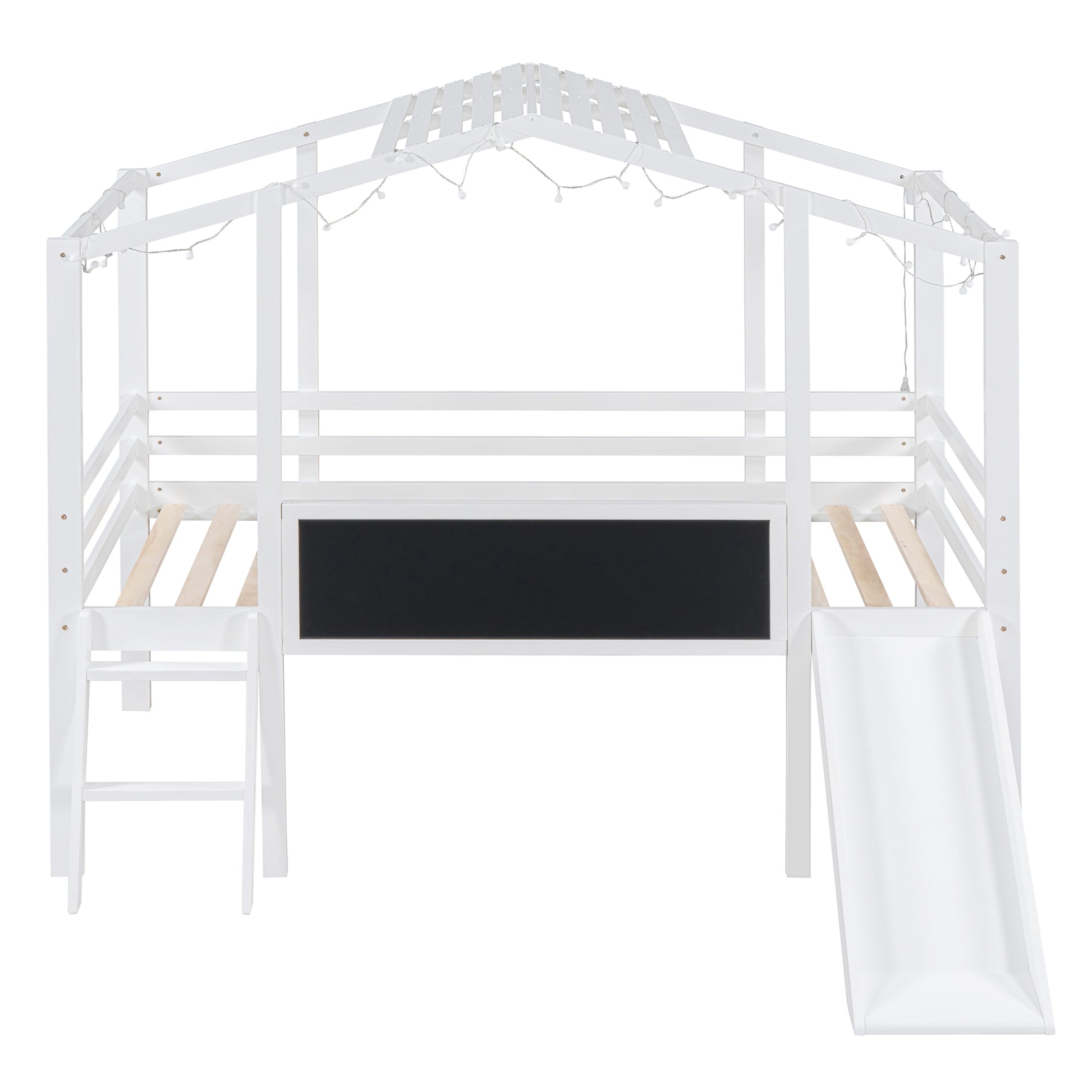 White wooden house loft bed with slide and chalkboard