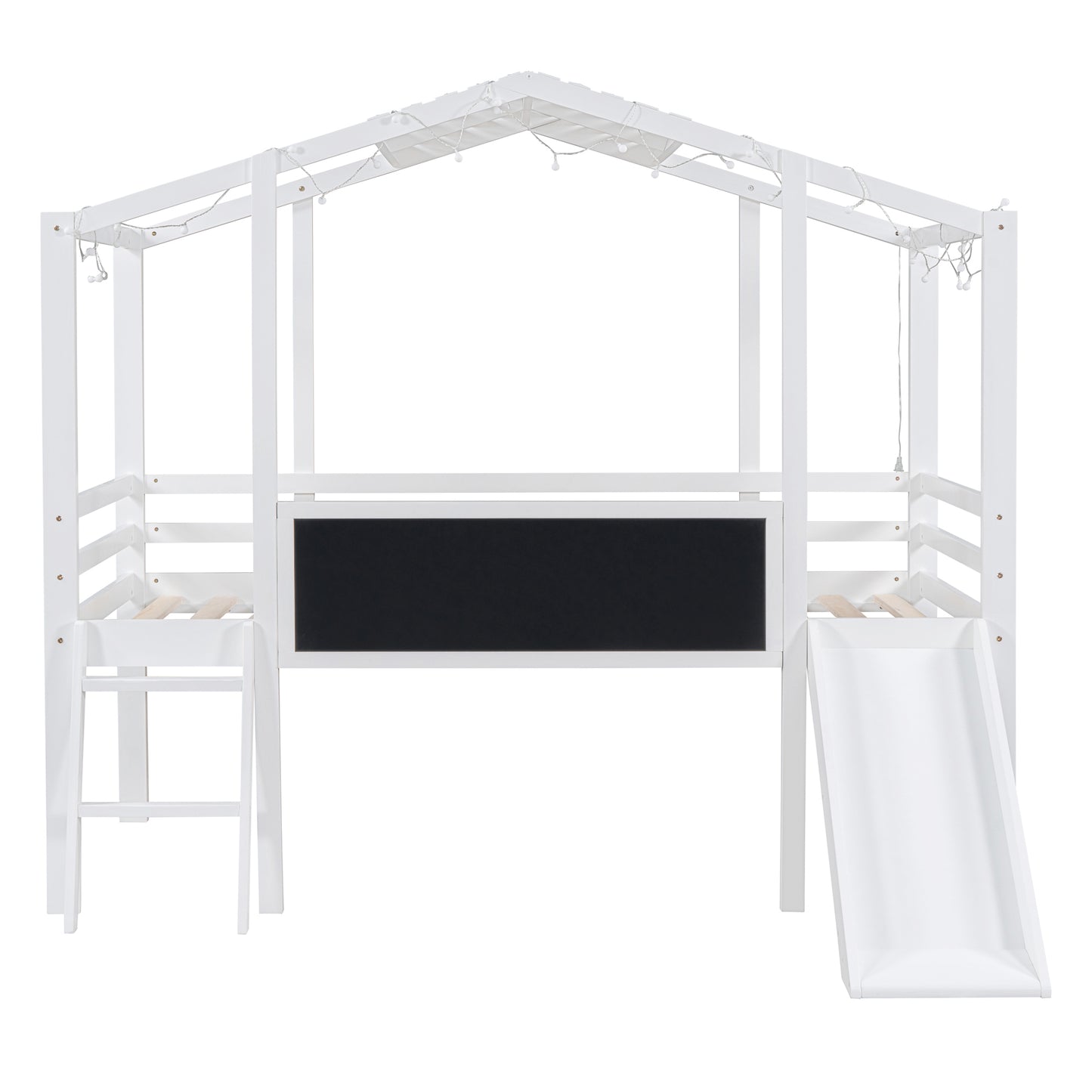 White wooden house loft bed with slide and chalkboard