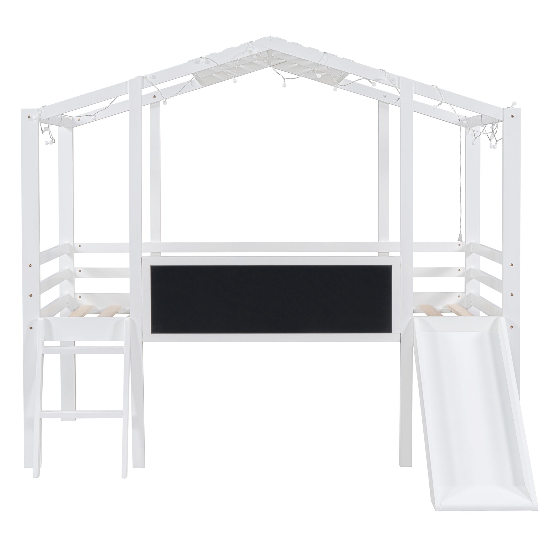 White wooden house loft bed with slide and chalkboard