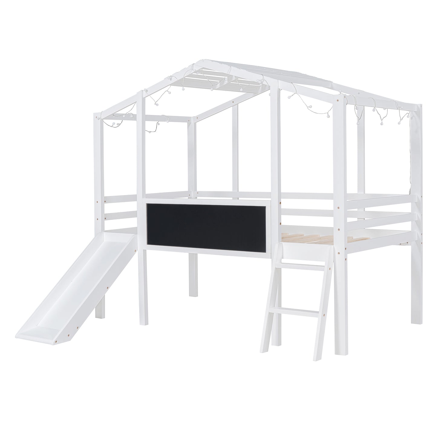 White loft bed with slide and chalkboards