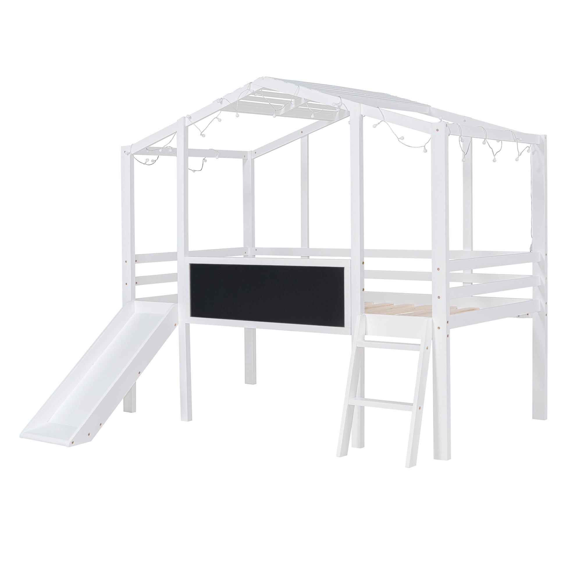 White loft bed with slide and chalkboards