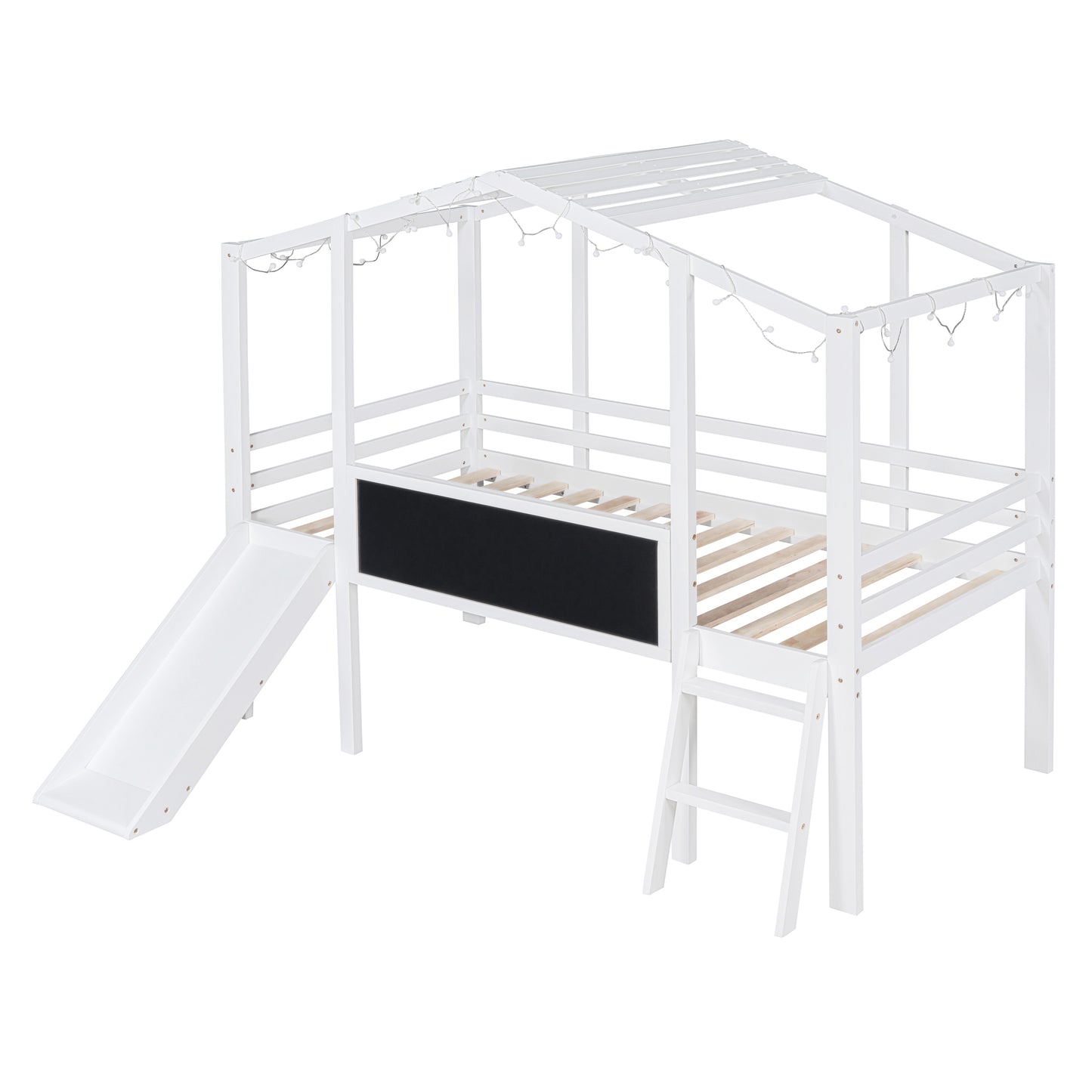 White wooden kids house bed with slide chalkboard and fairy lights
