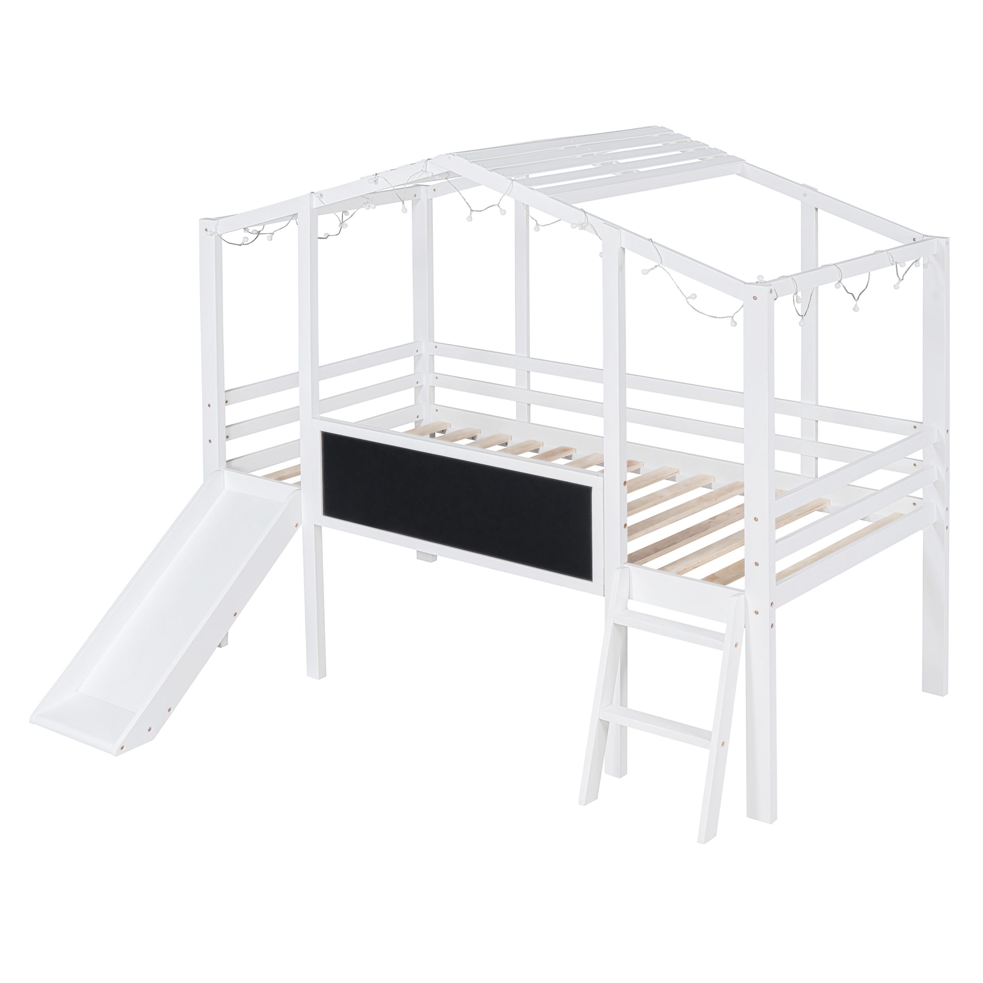 White wooden kids house bed with slide chalkboard and fairy lights