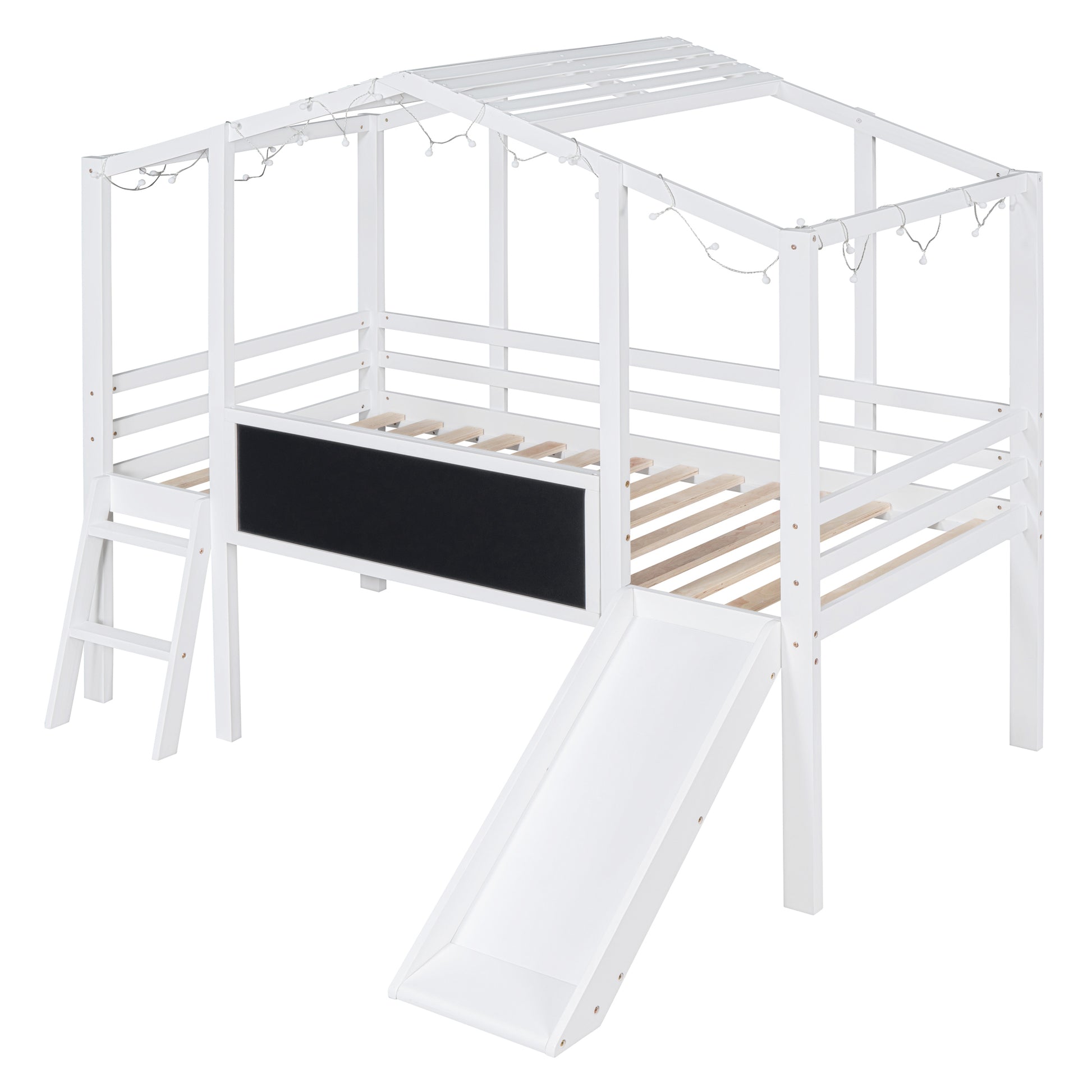 White wooden house bed with slide and string lights