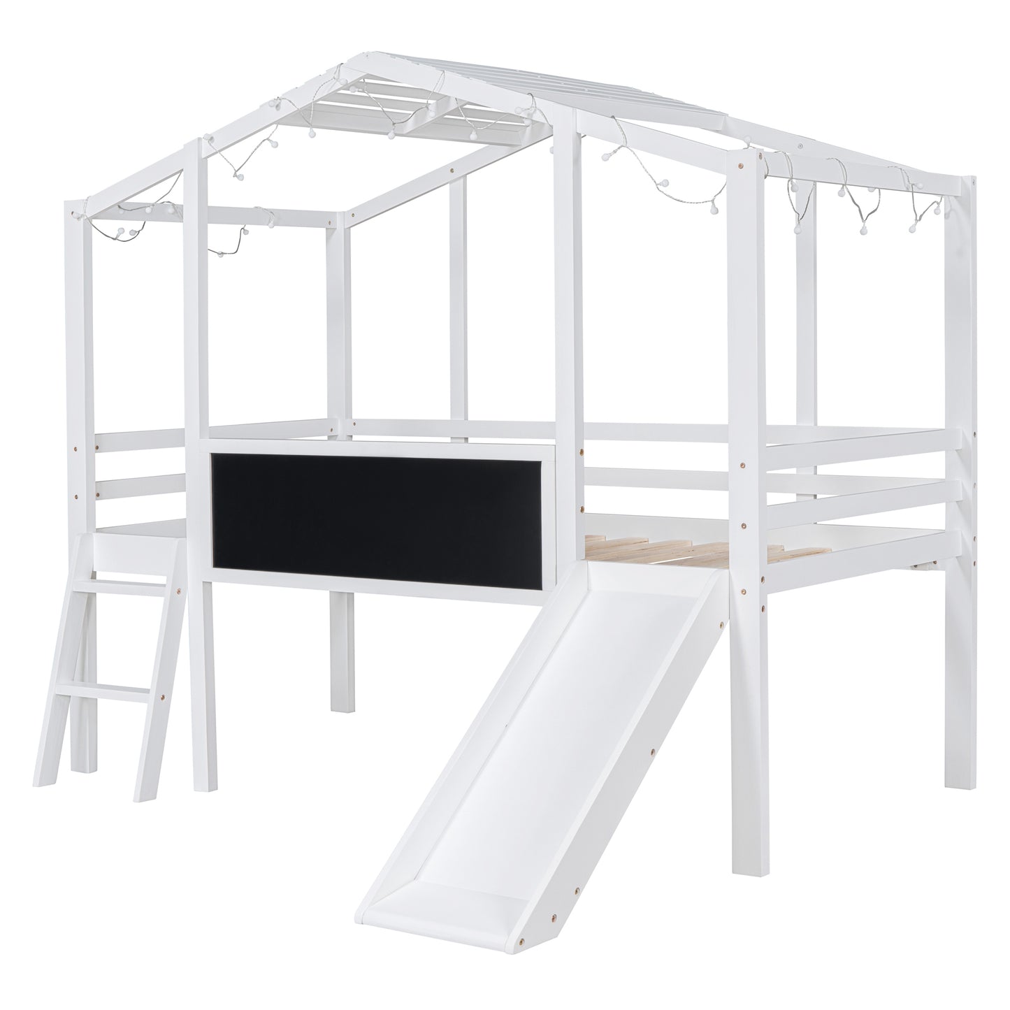 White wooden house loft bed with slide and chalkboard