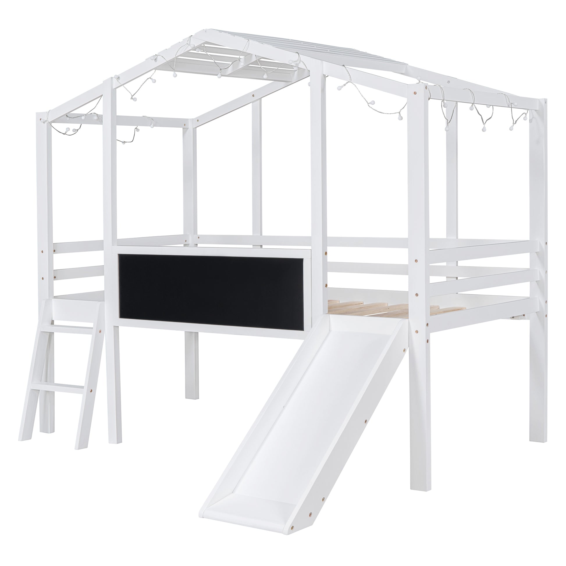 White wooden house loft bed with slide and chalkboard