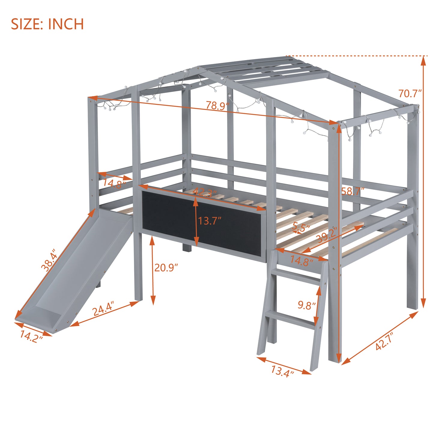 Gray wooden loft bed with slide fairy lights and chalkboard for kids room