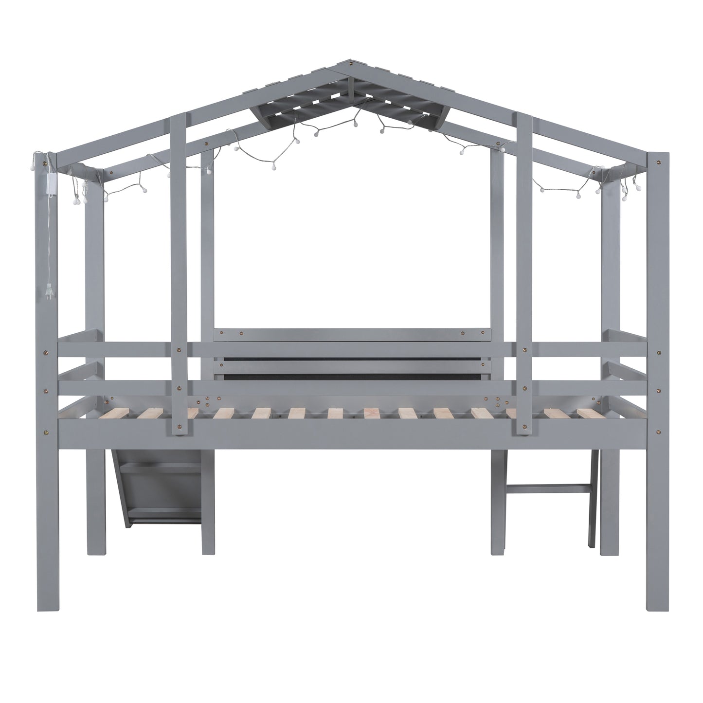 Gray wooden house bed frame with string lights for childrens bedroom