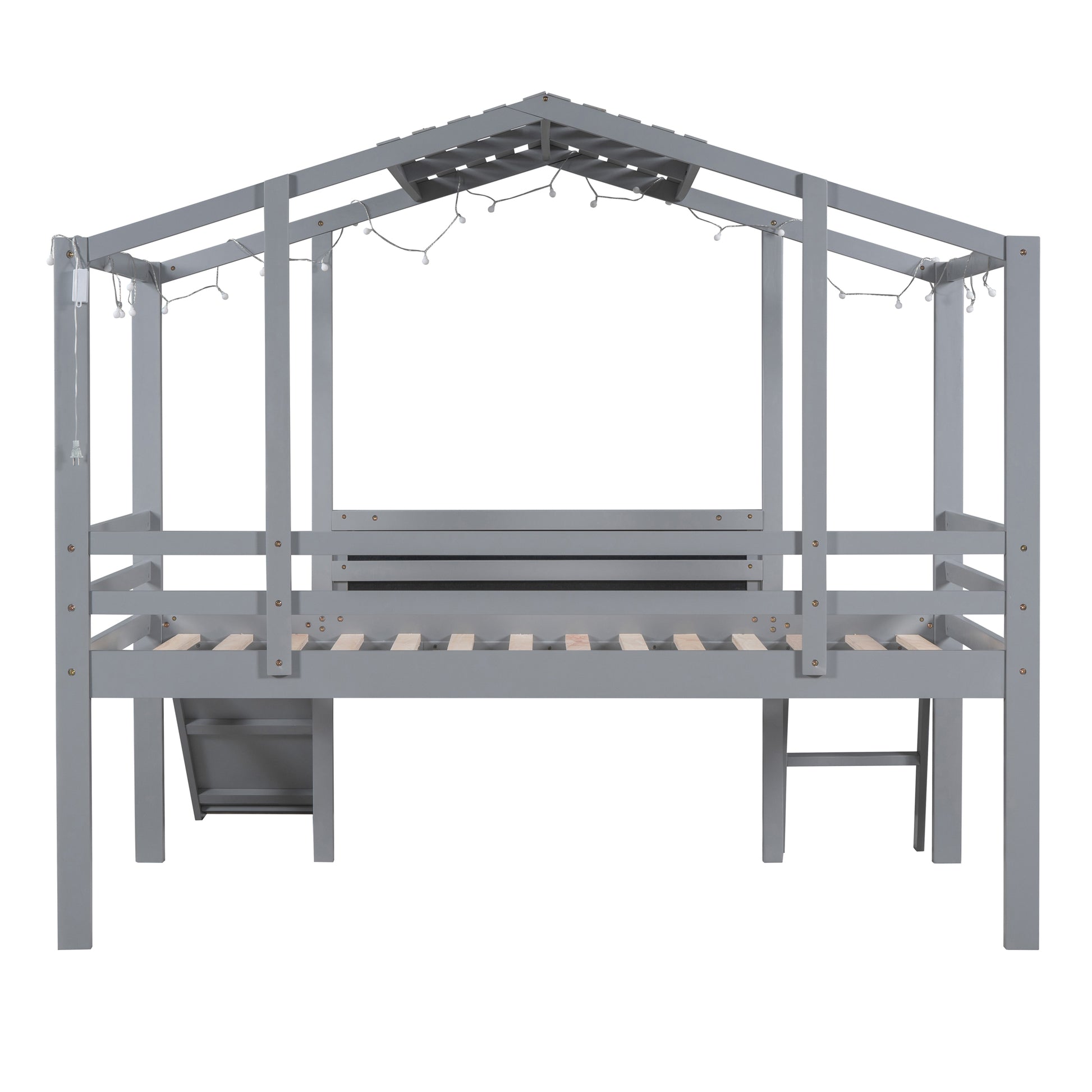 Gray wooden house bed frame with string lights for childrens bedroom