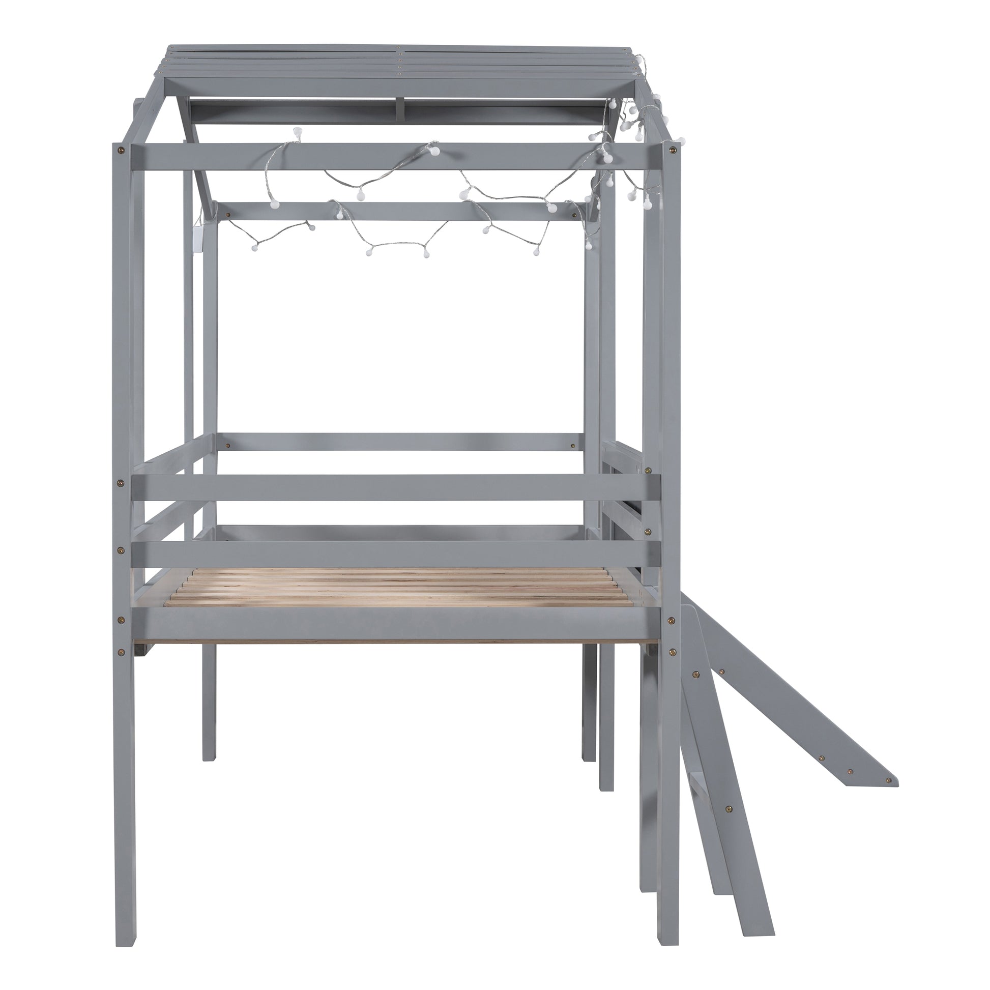 Grey wooden house bed frame with playful string lights and attached slide ideal for kids rooms