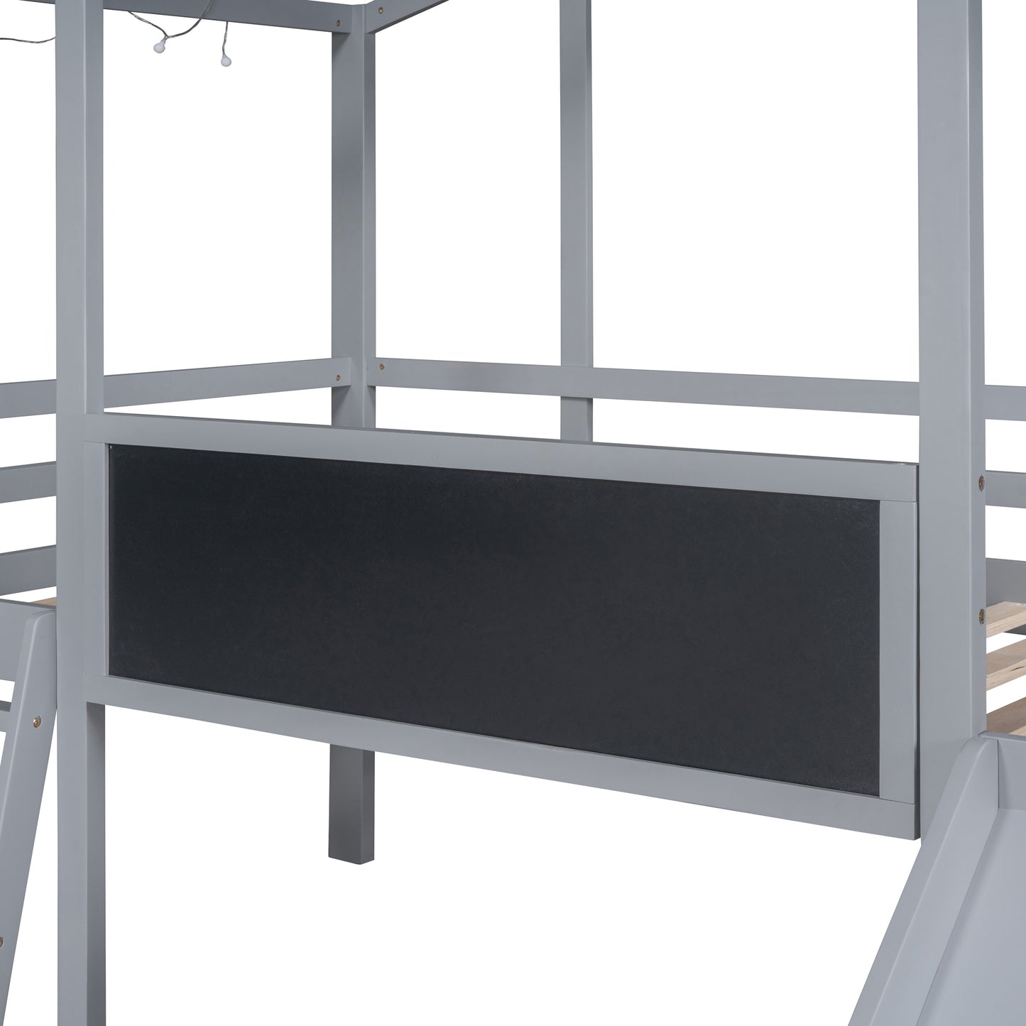 Gray wood loft bed with chalkboard panel and fairy lights