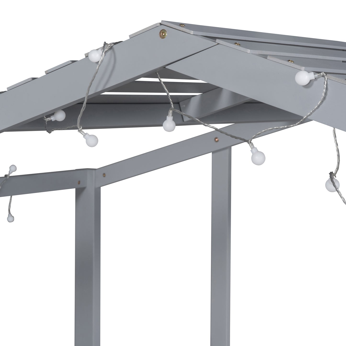 Gray wooden canopy bed frame with delicate string lights