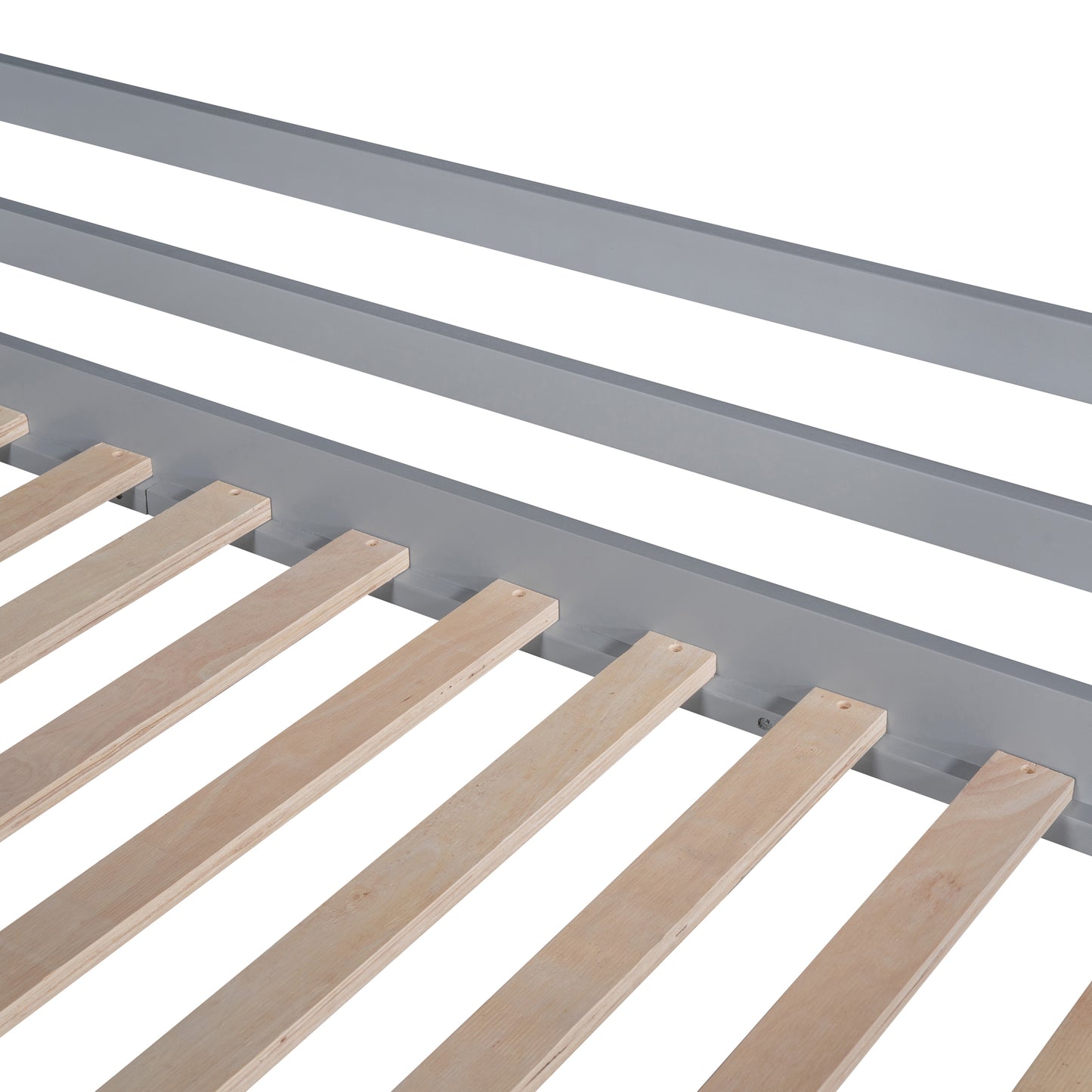 Gray metal bed frame with natural wood slats