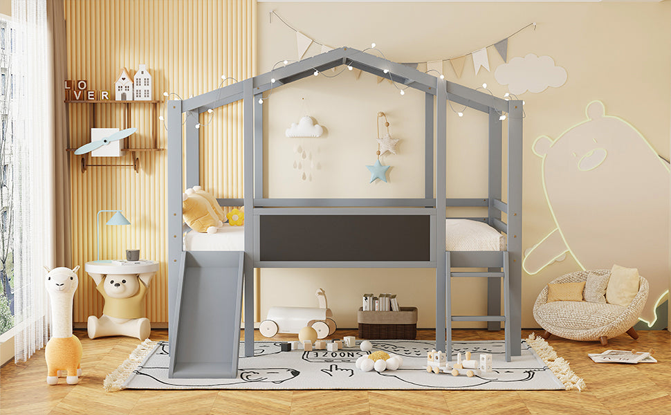 Gray wooden loft bed with slide and chalkboard for kids room
