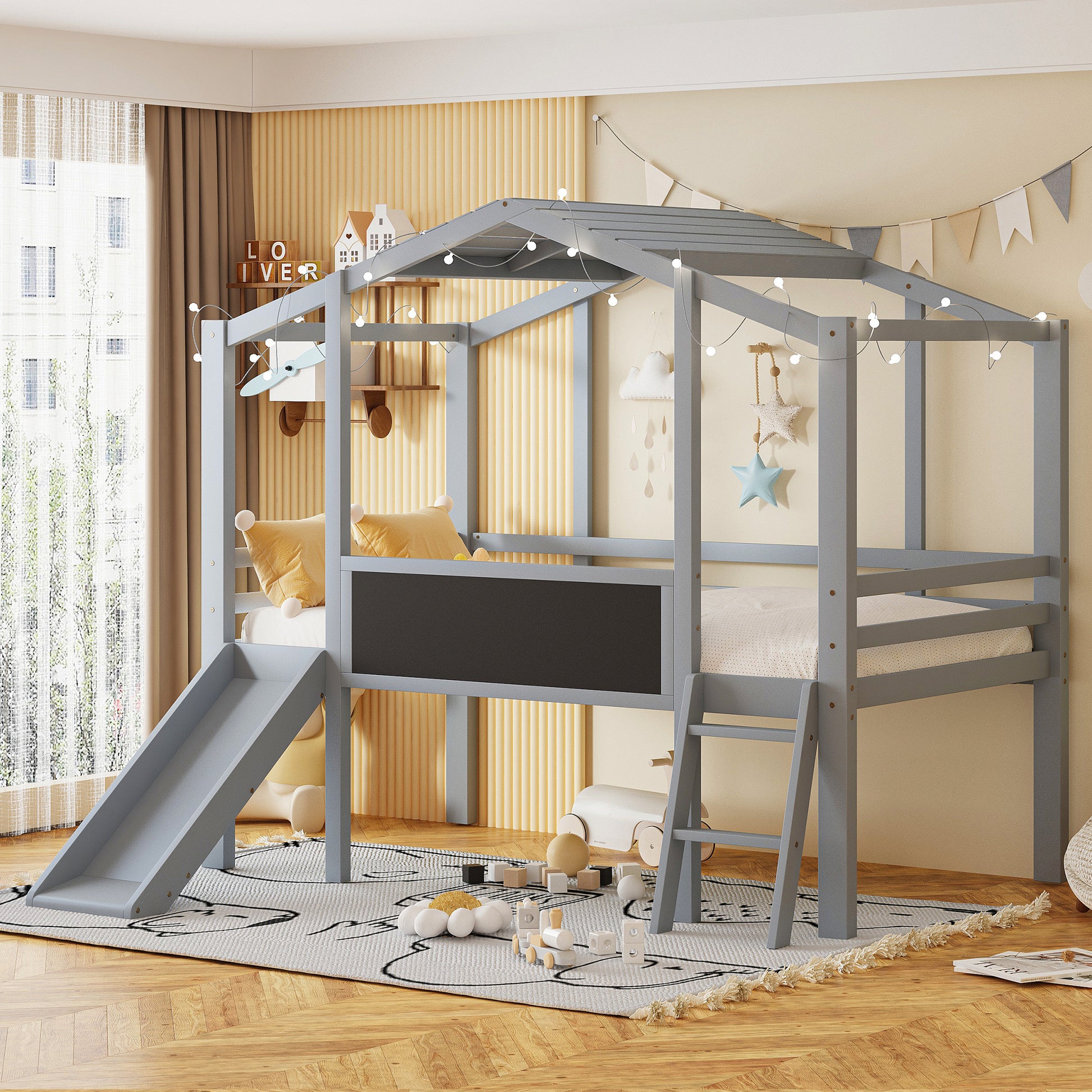 Gray wooden loft bed with slide and blackboard for kids room