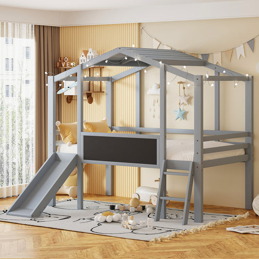 Gray wooden loft bed with slide and blackboard for kids room