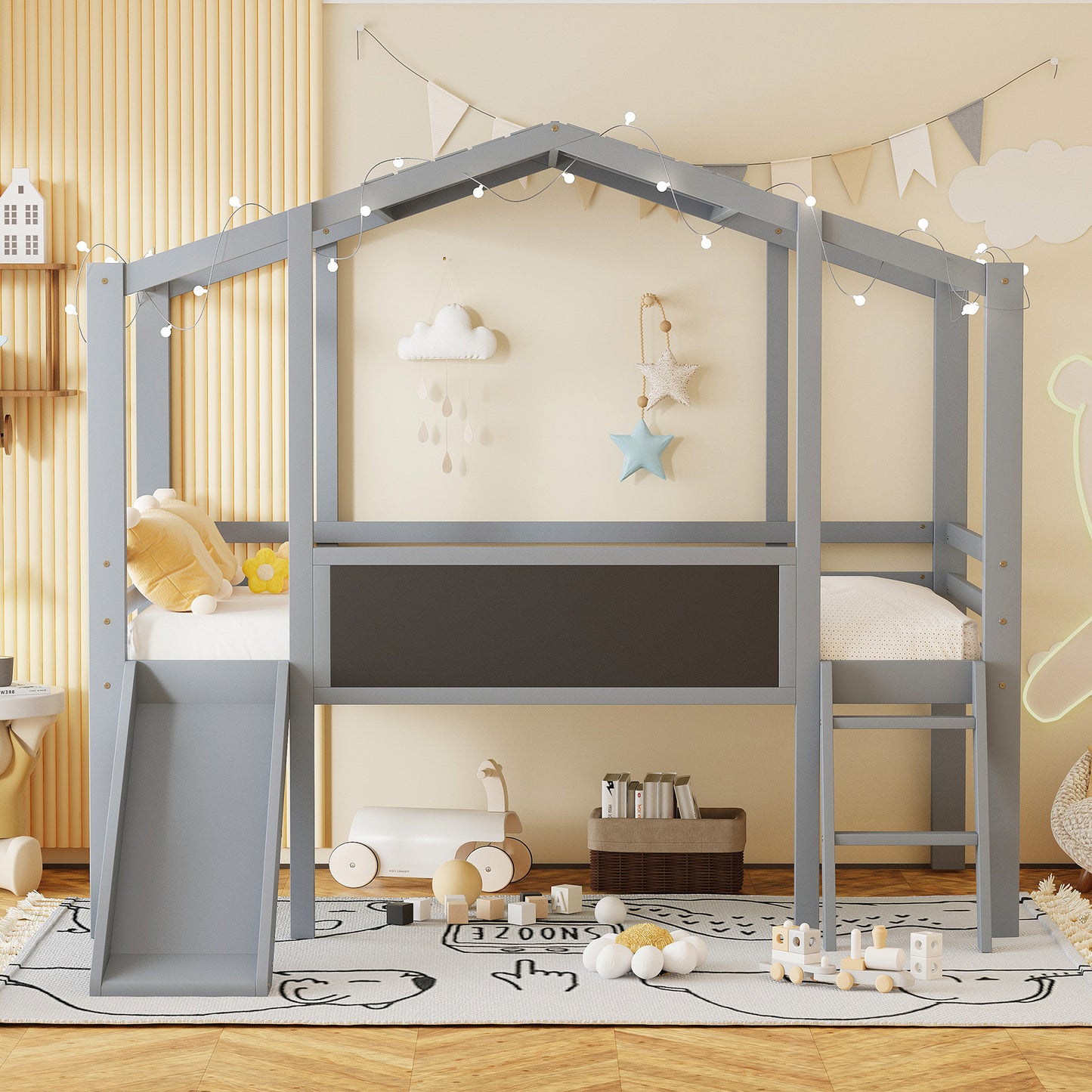 Grey wooden house loft bed with slide and ladder