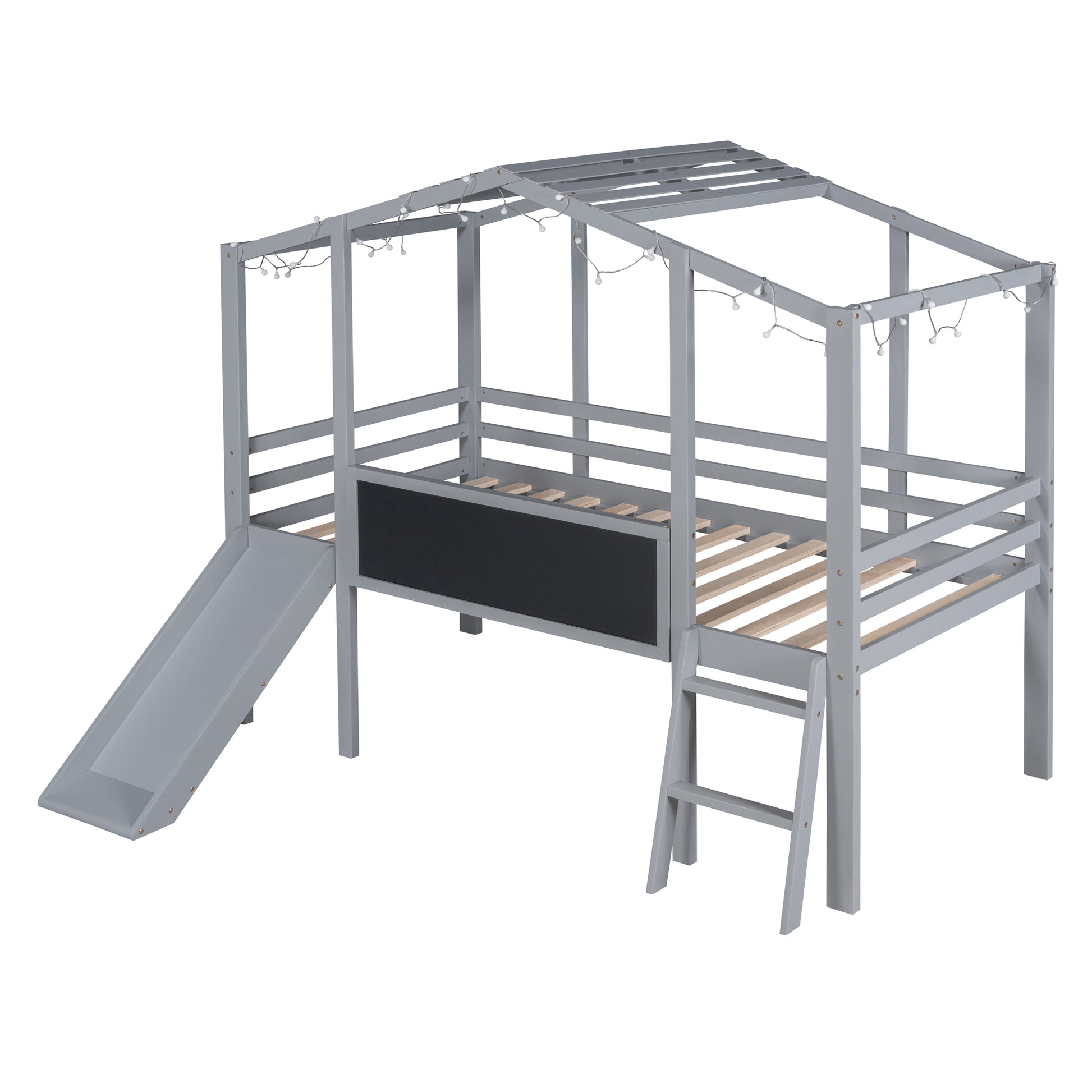 Gray wooden loft bed with slide and fairy lights