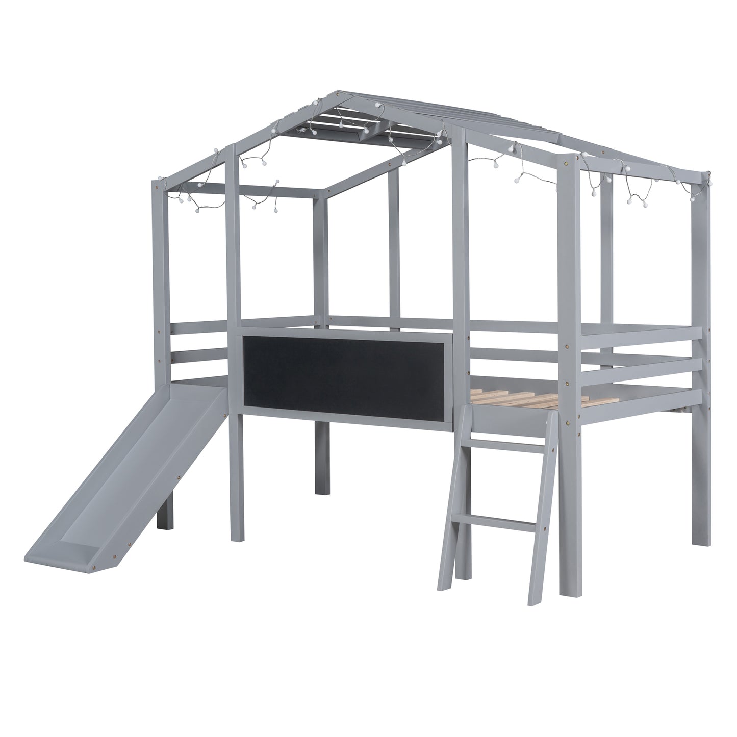 Gray wooden twin loft bed with slide and chalkboard