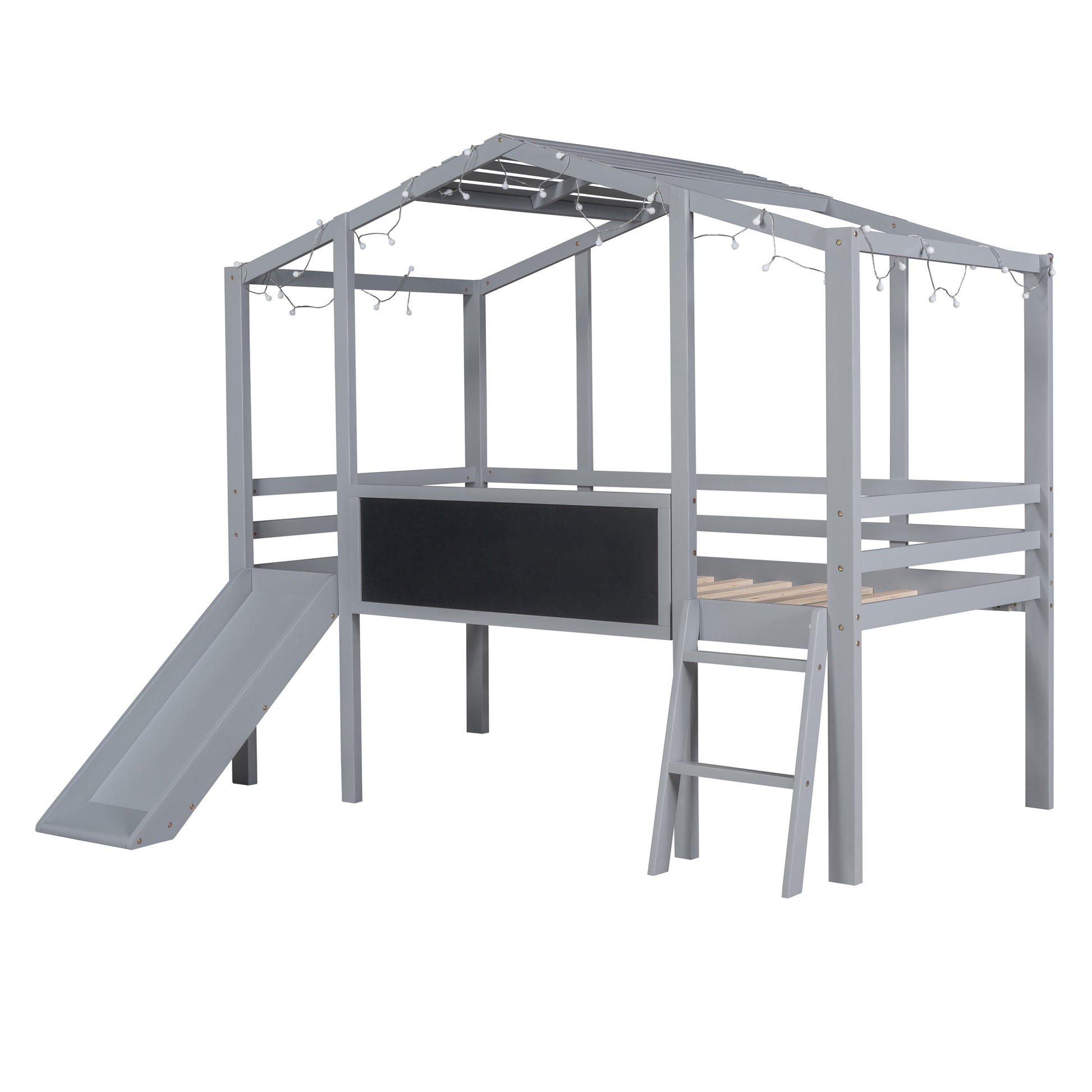 Gray wooden twin loft bed with slide and chalkboard