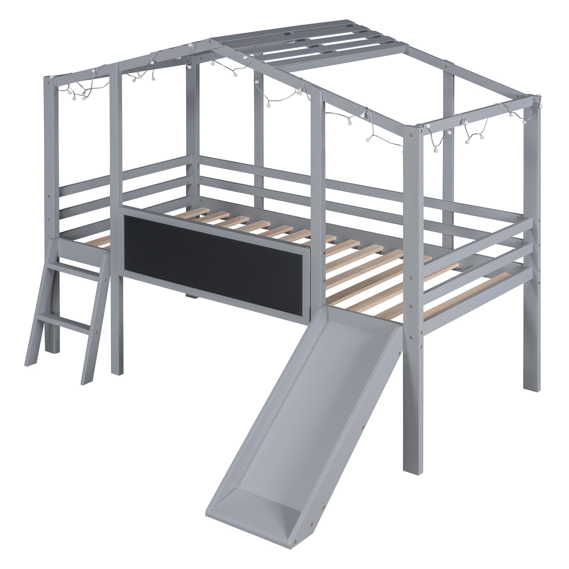 Gray wooden loft bed with slide and blackboard
