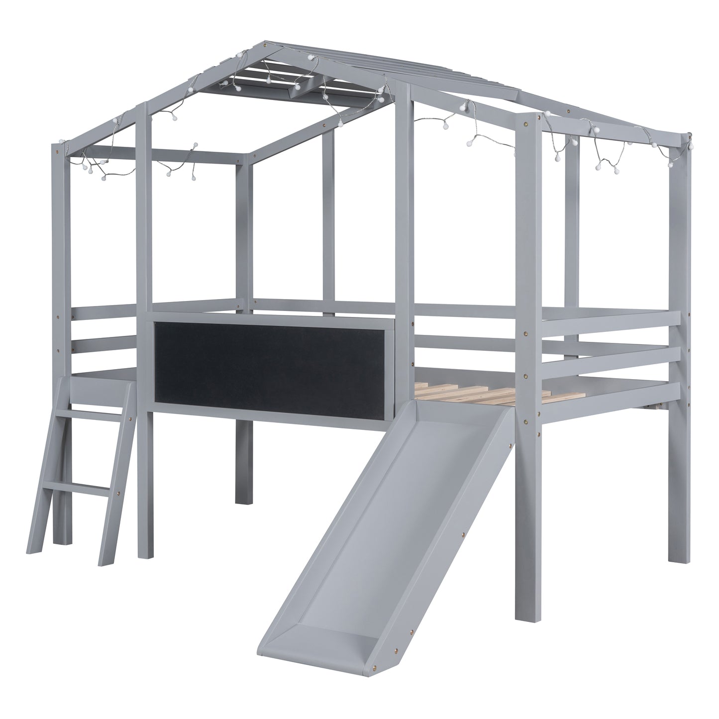Gray wooden house bed frame with slide and string lights