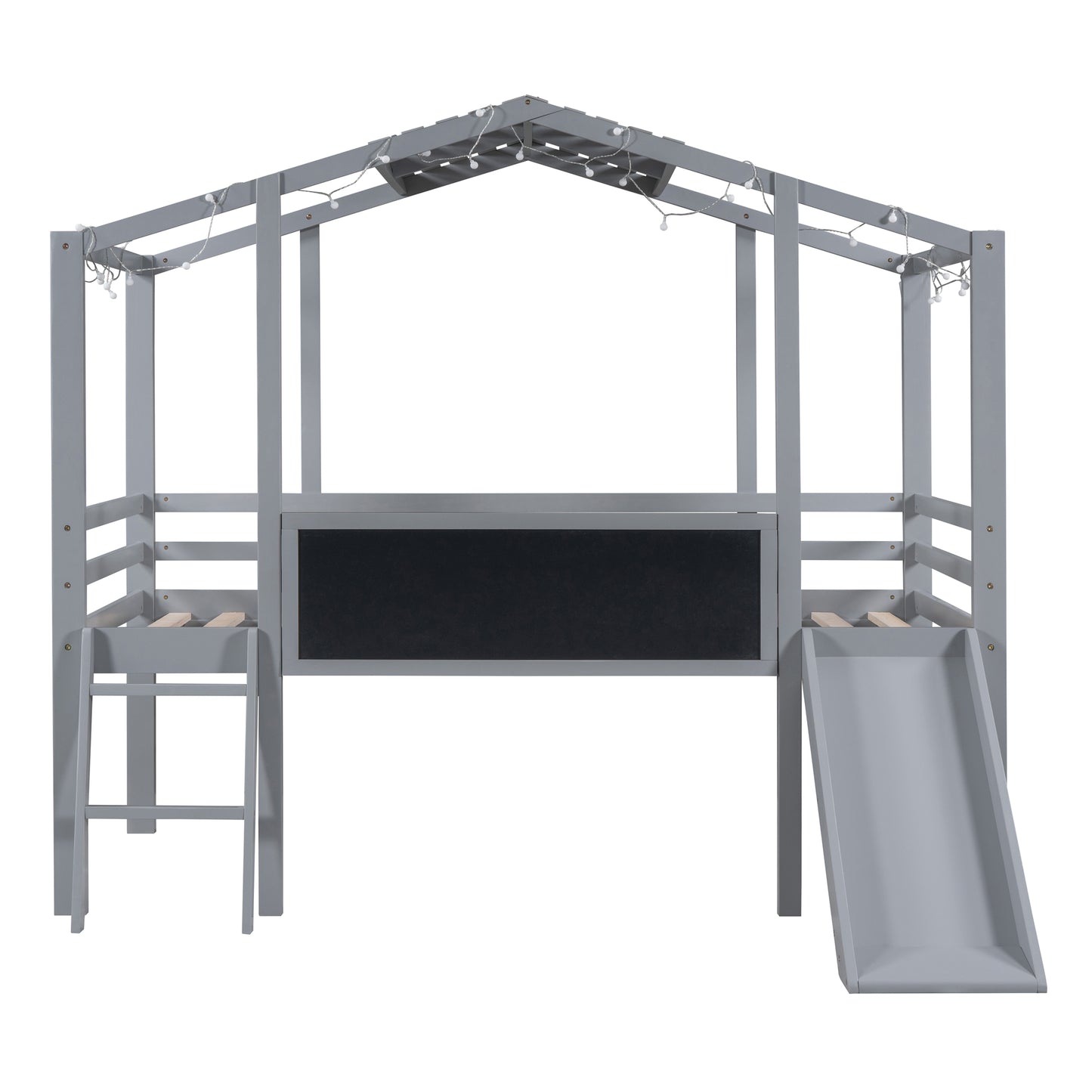 Gray wooden loft bed with slide and chalkboard