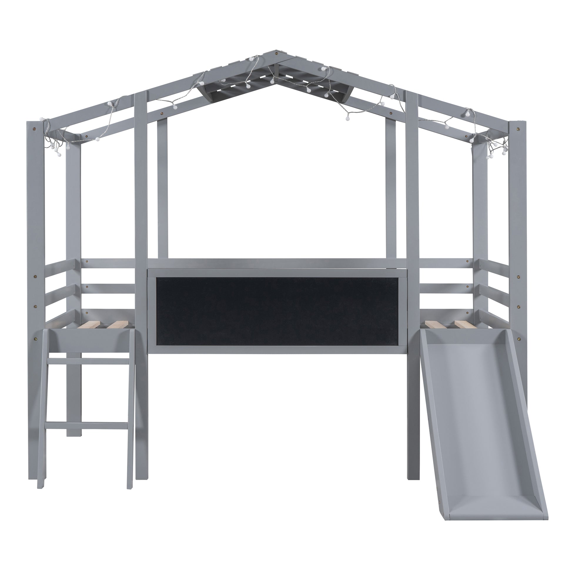 Gray wooden loft bed with slide and chalkboard