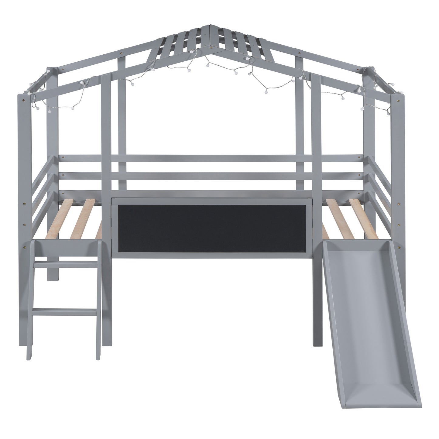Gray wooden loft bed with attached slide and chalkboard front