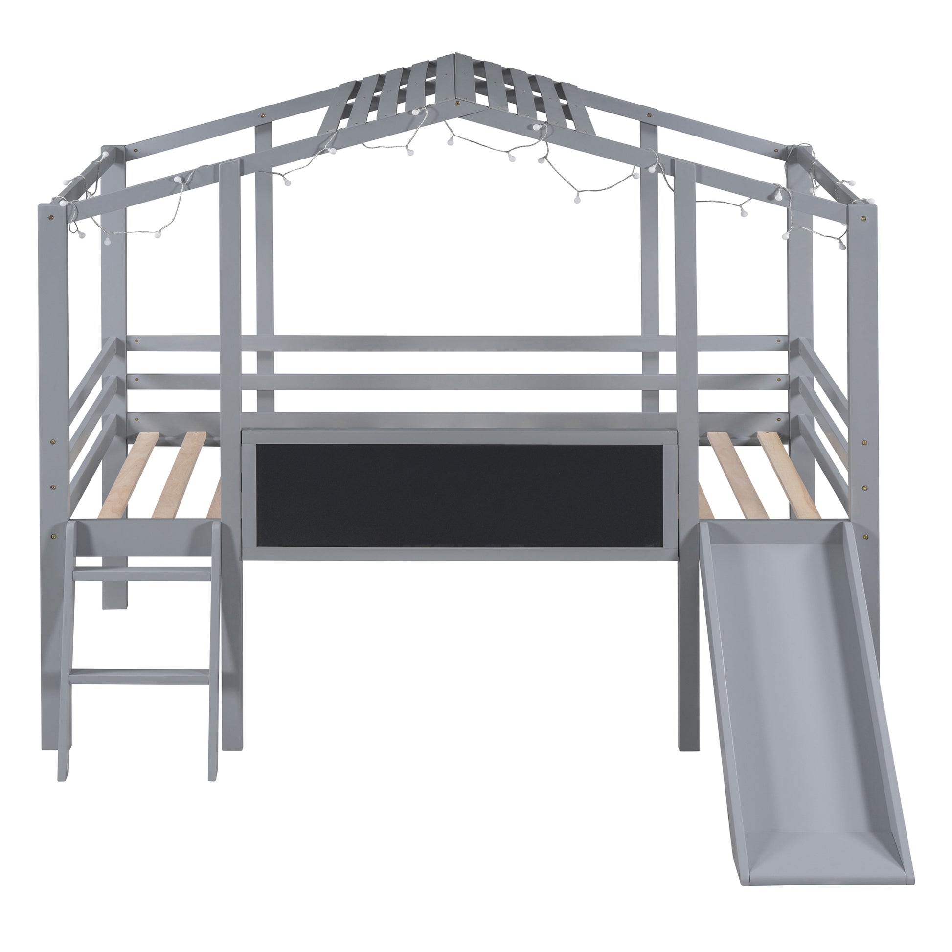 Gray wooden loft bed with attached slide and chalkboard front