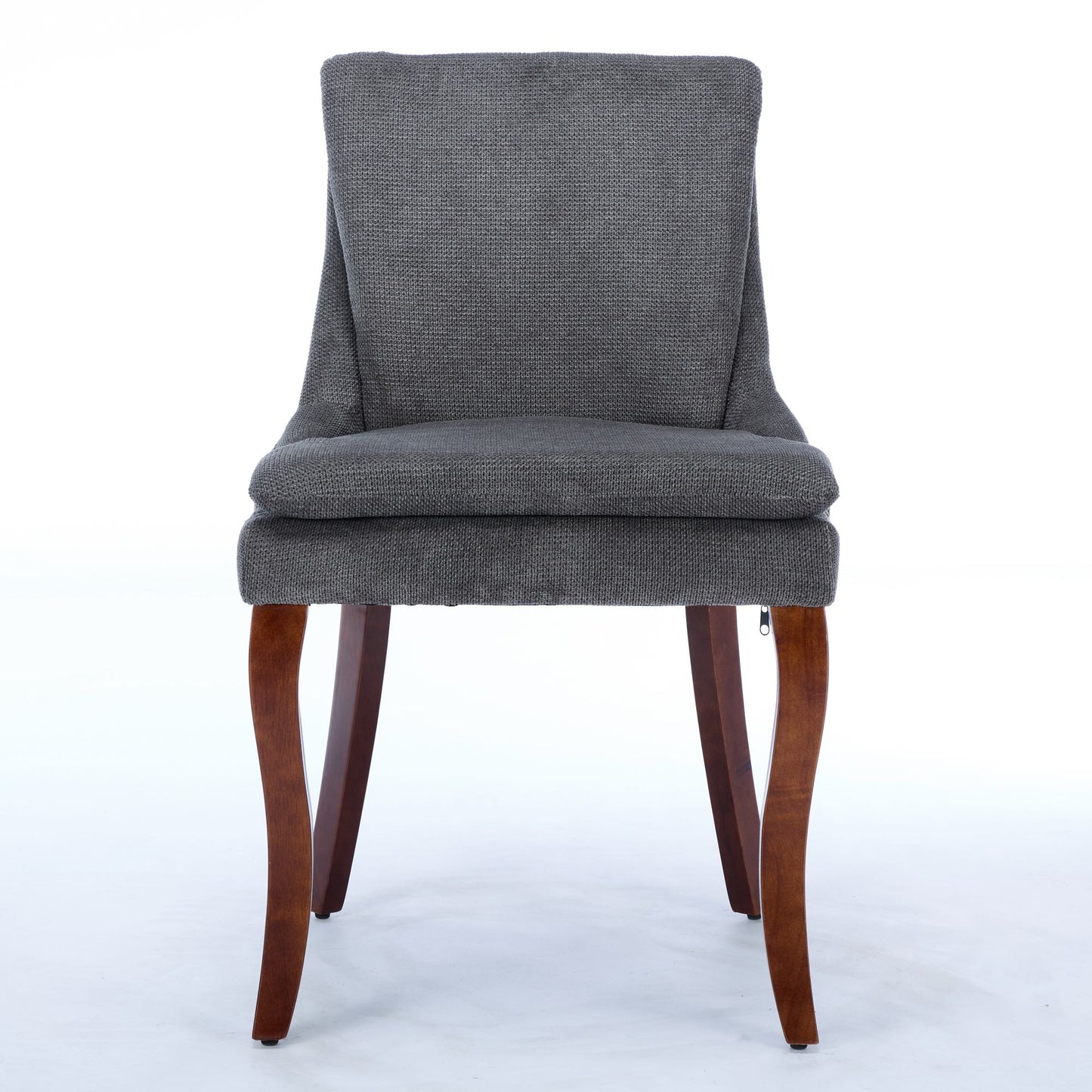 Gray upholstered dining chair with curved wooden legs