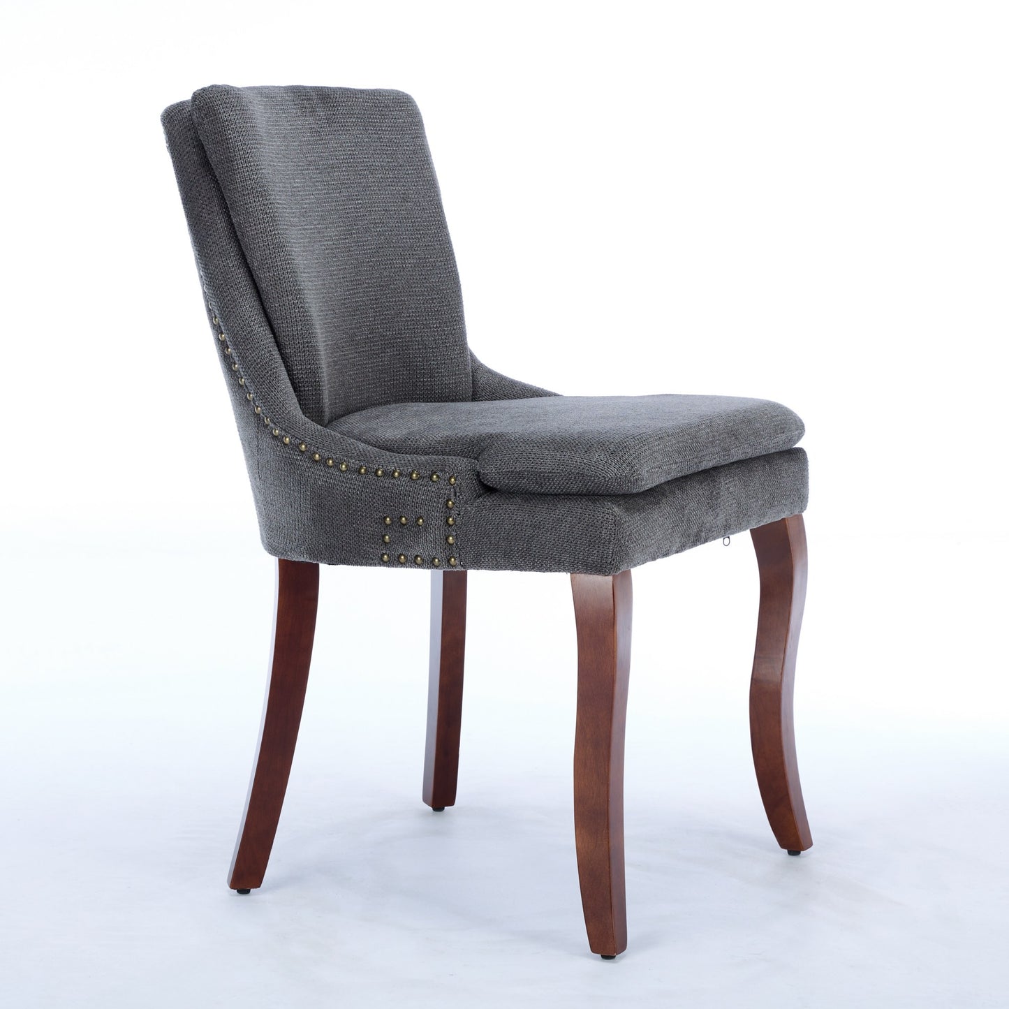 Tufted charcoal grey upholstered dining chair with curved wooden legs