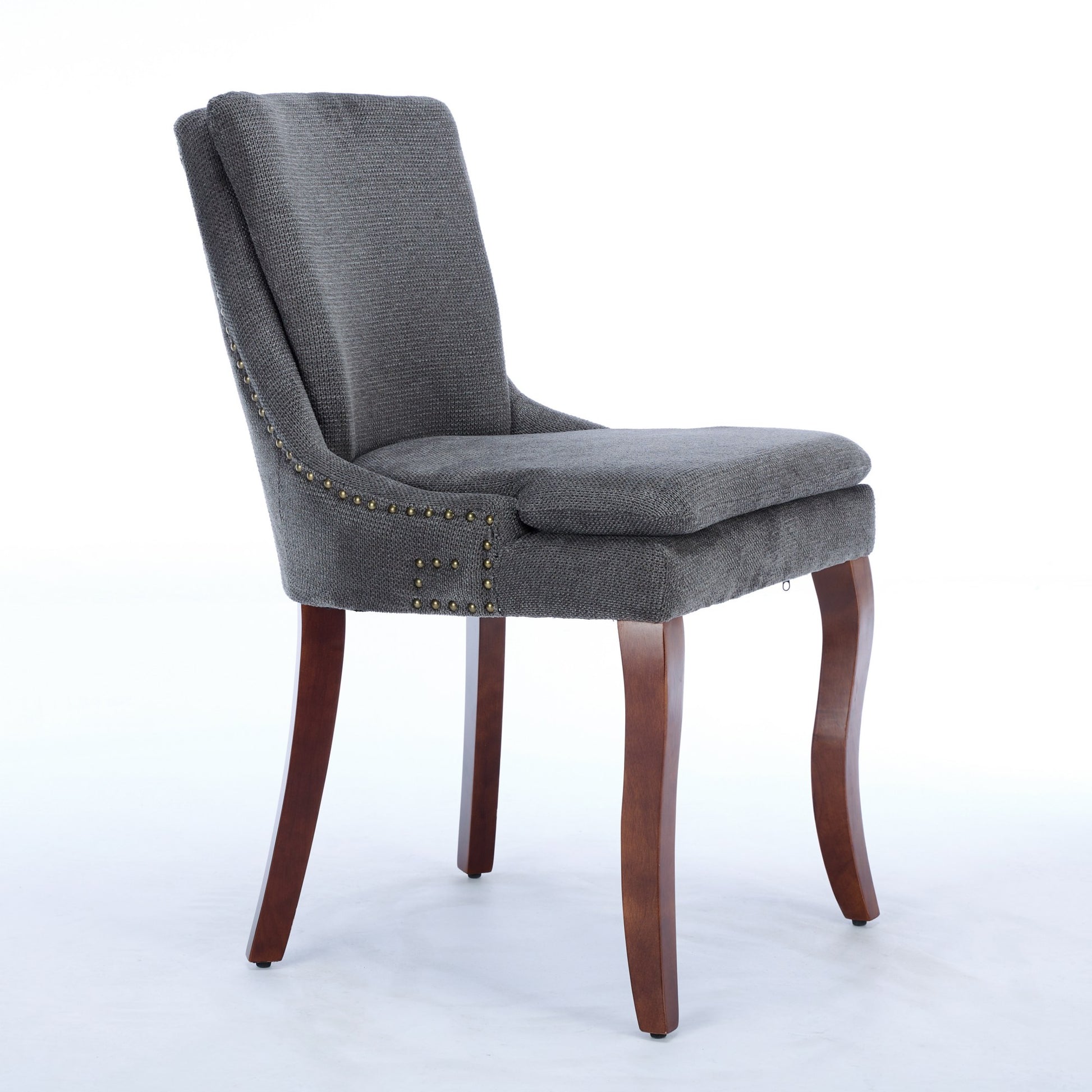 Tufted charcoal grey upholstered dining chair with curved wooden legs