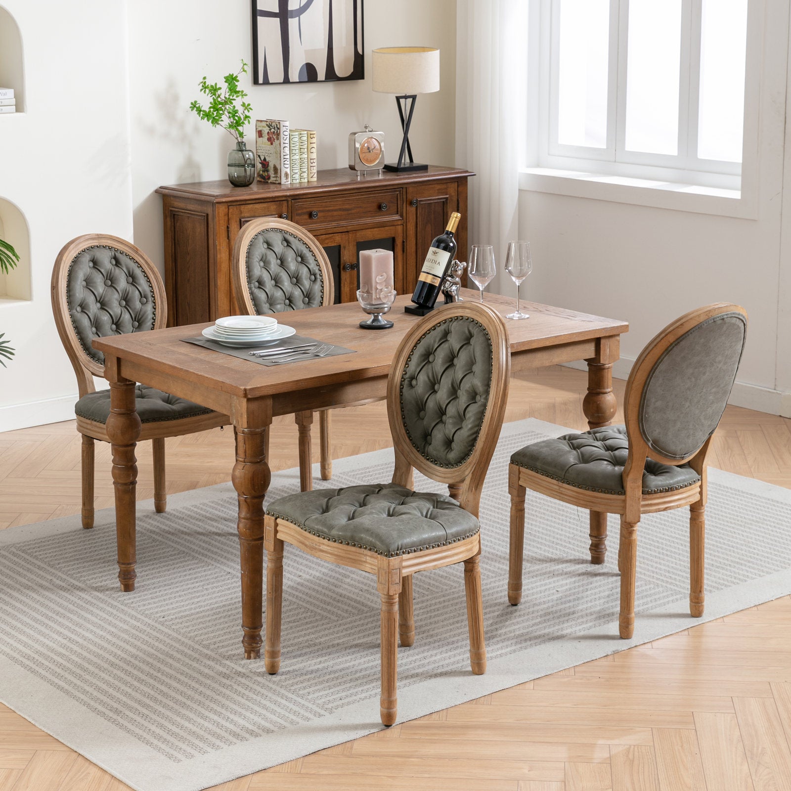 French provincial dining chair with tufted grey upholstery and wooden frame