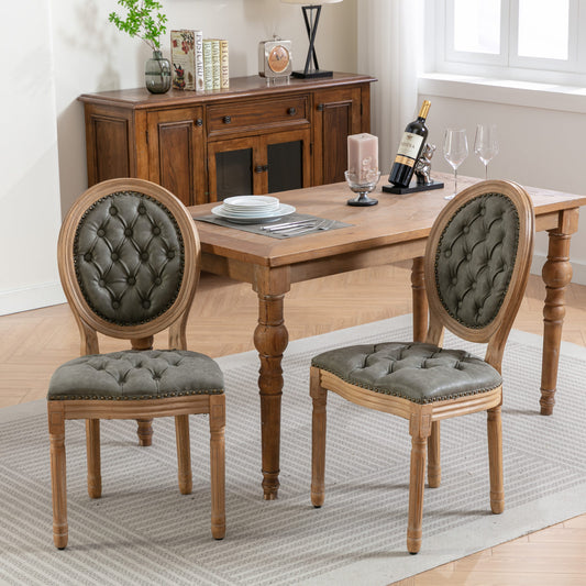 Tufted grey upholstered dining chair with natural wood frame