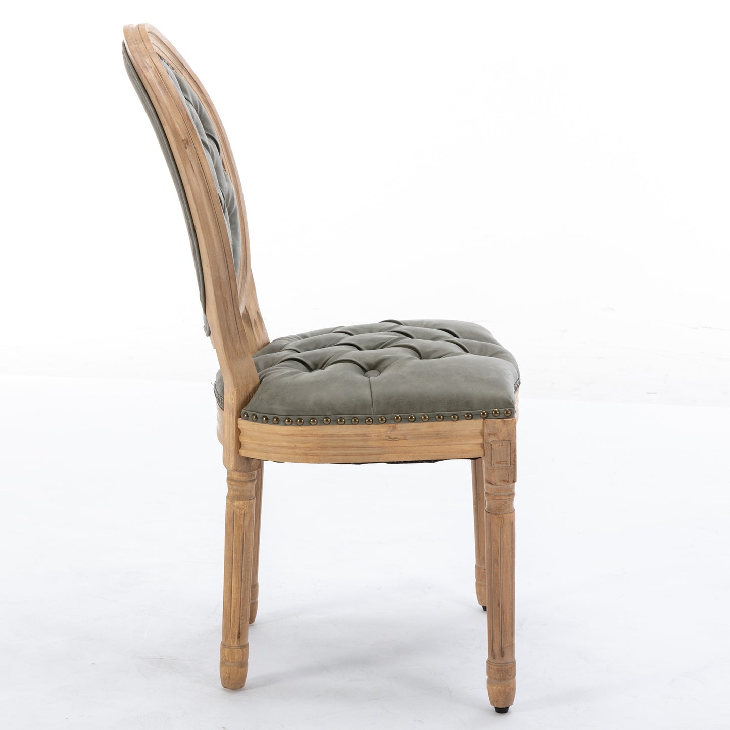French provincial dining chair with grey tufted seat and wooden frame