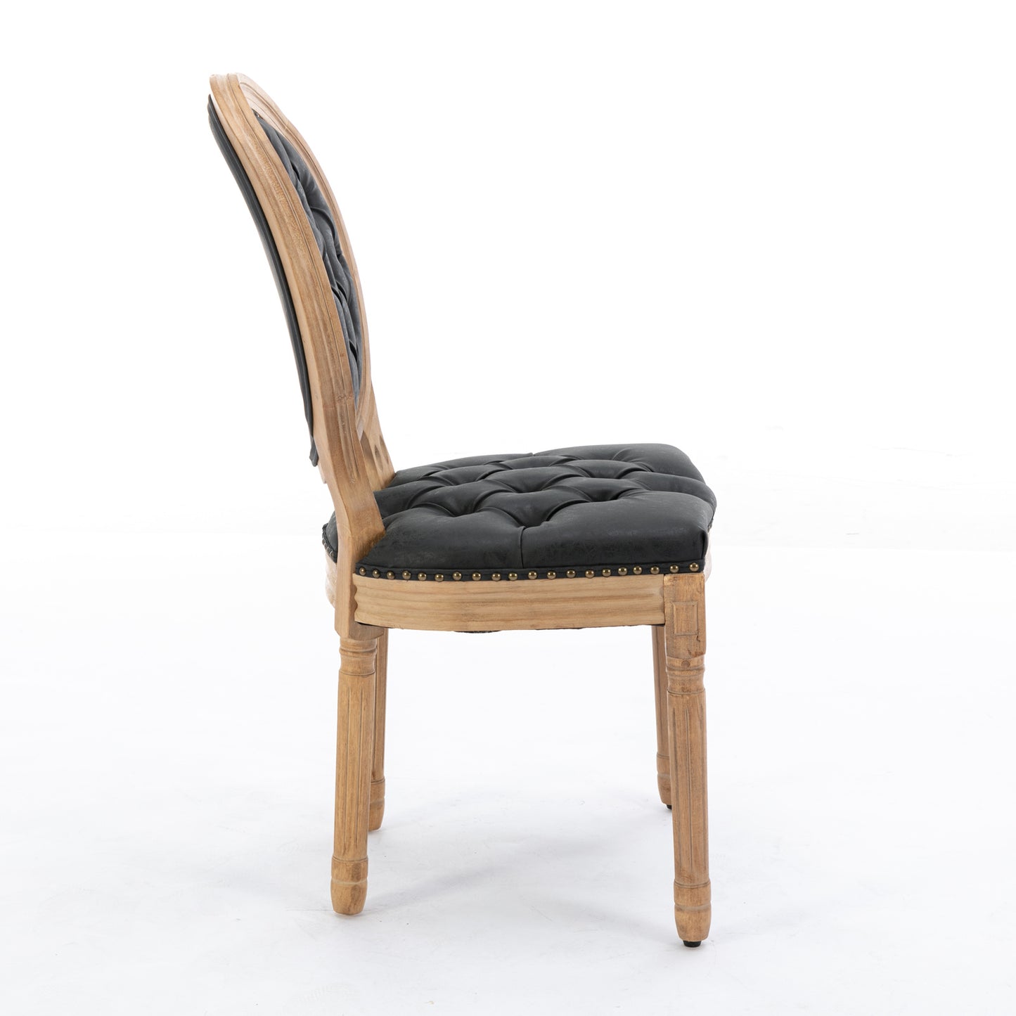 Tufted black upholstered dining chair with natural wood frame