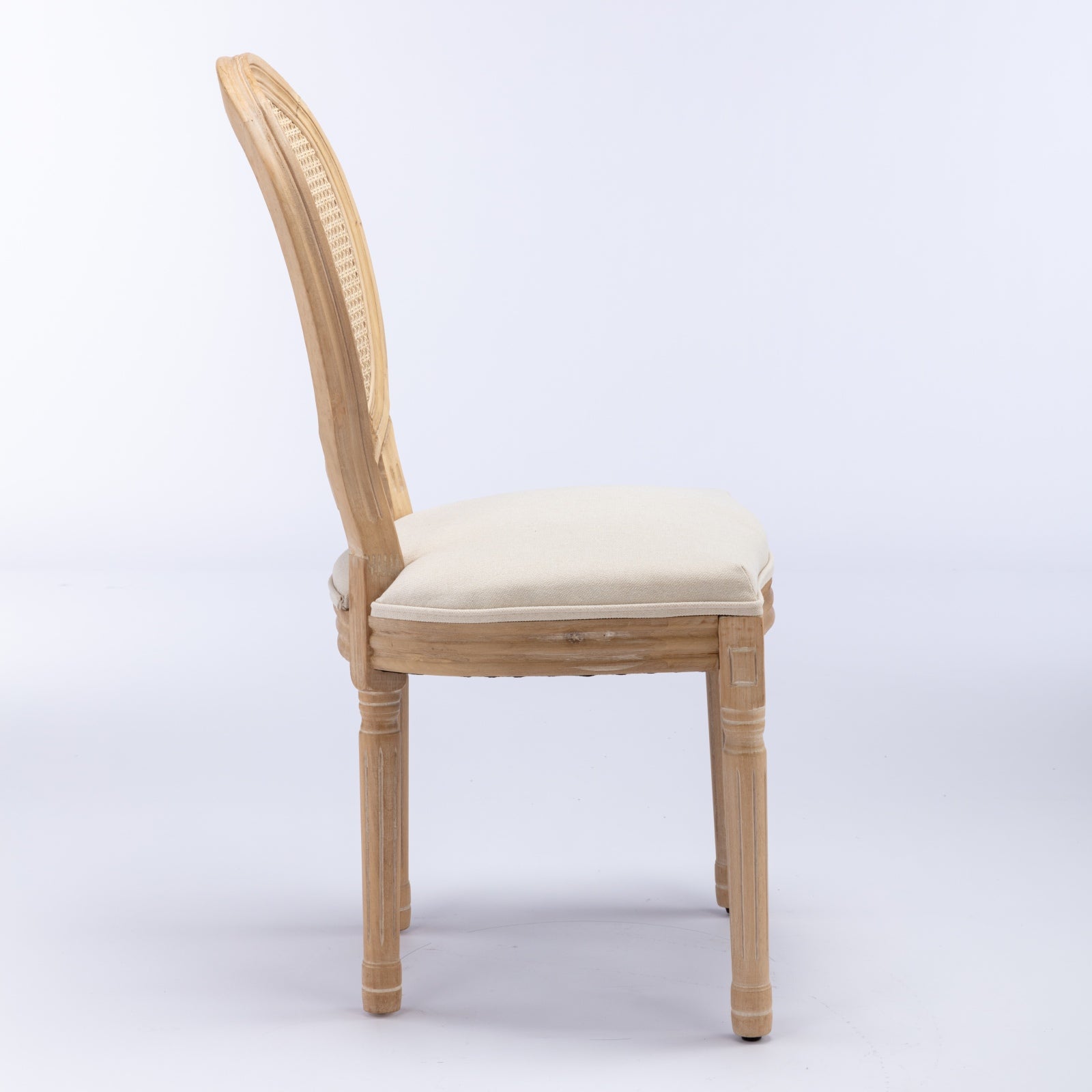 Natural wood oval back cane chair with cream upholstered seat