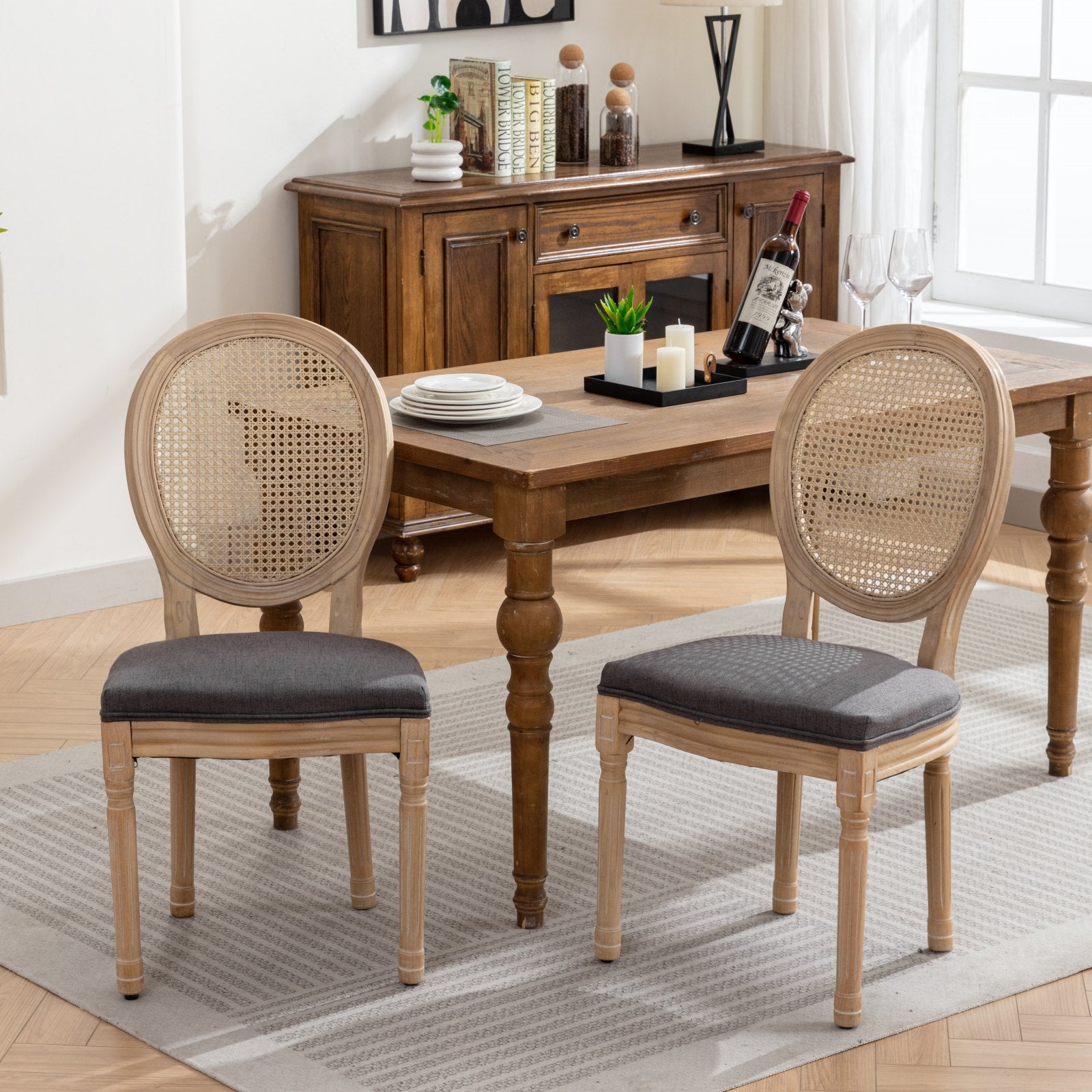 Distressed wood cane back dining chair with charcoal upholstered seat