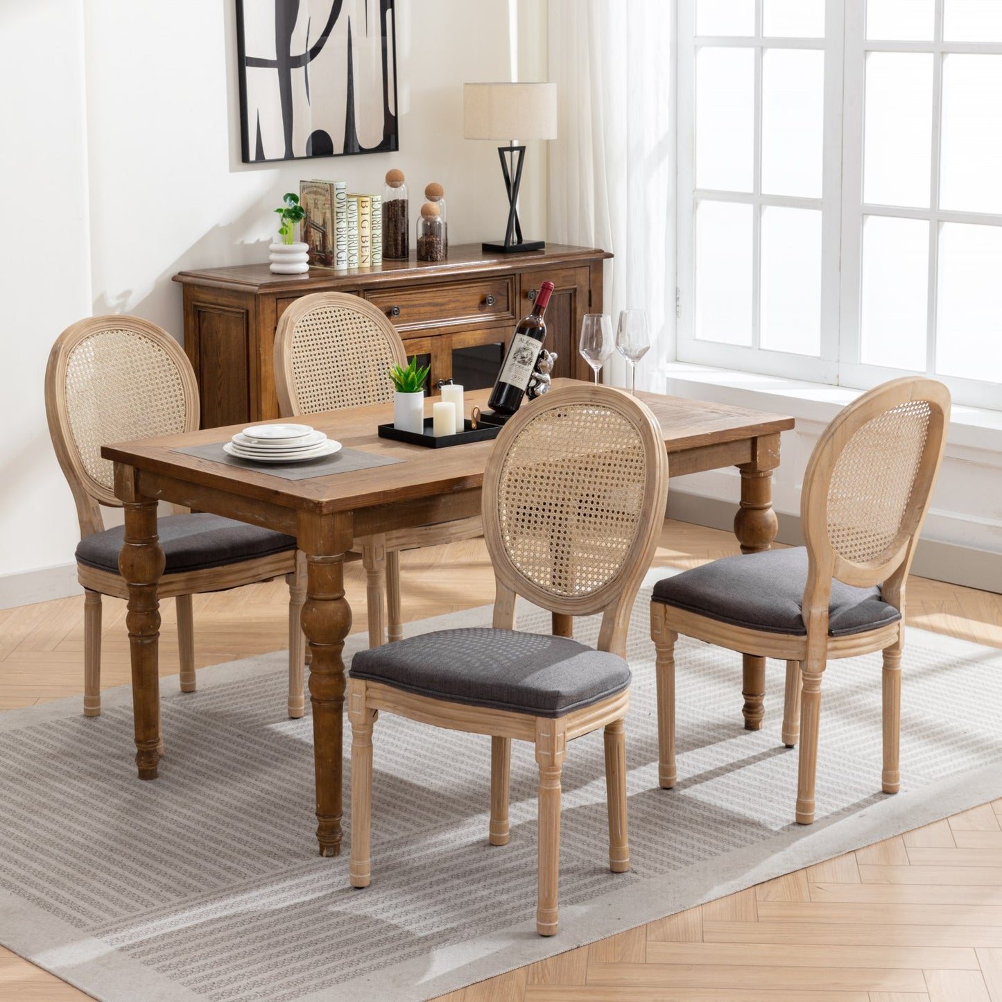 French country cane back dining chairs with upholstered seat