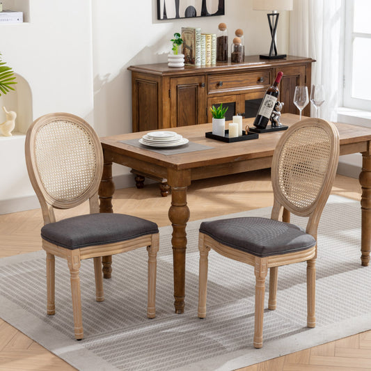 French country dining chair with grey cushion and cane back