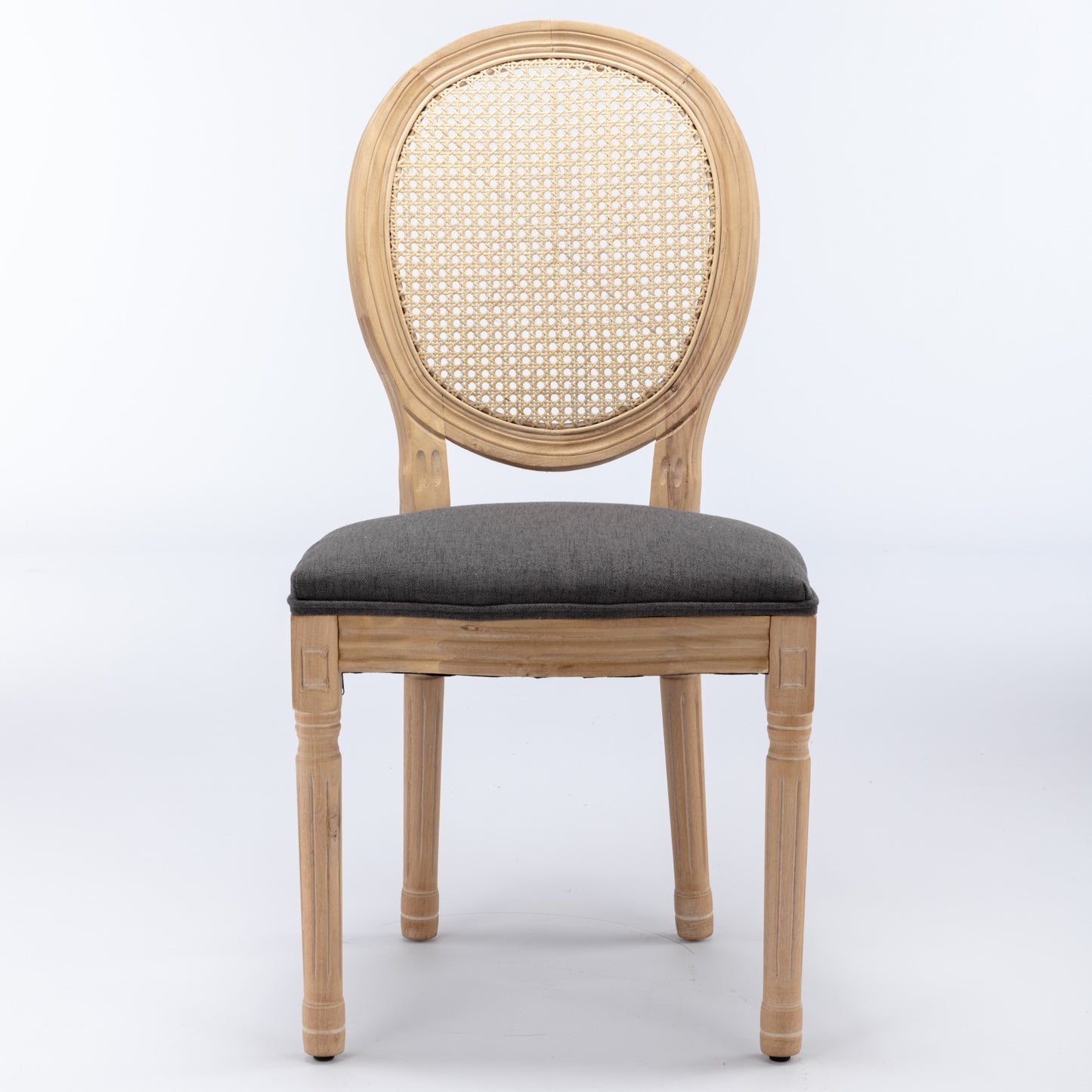 Natural wood oval cane back dining chair with dark gray upholstered seat