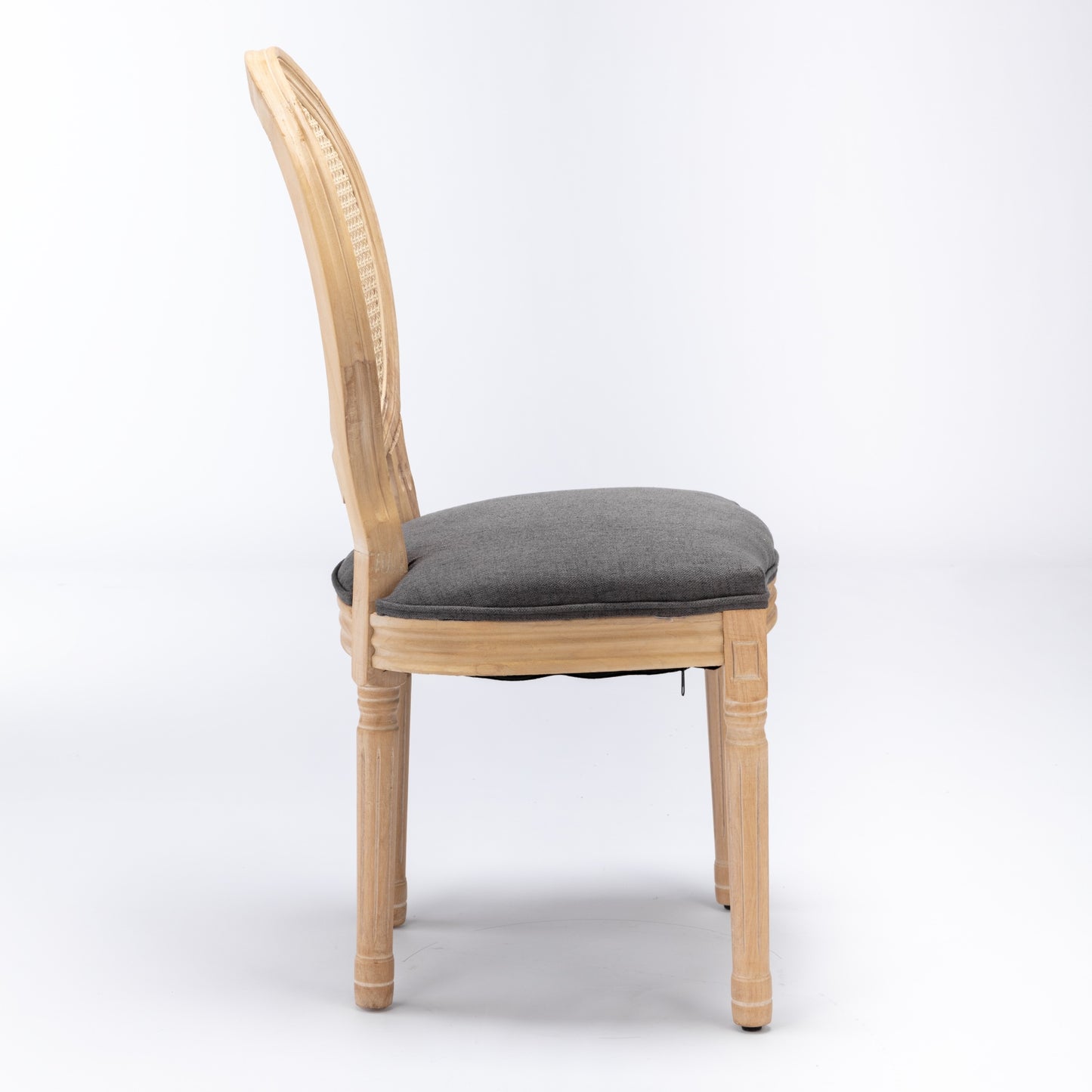 Distressed wood Louis XVI chair with grey upholstered seat and cane back
