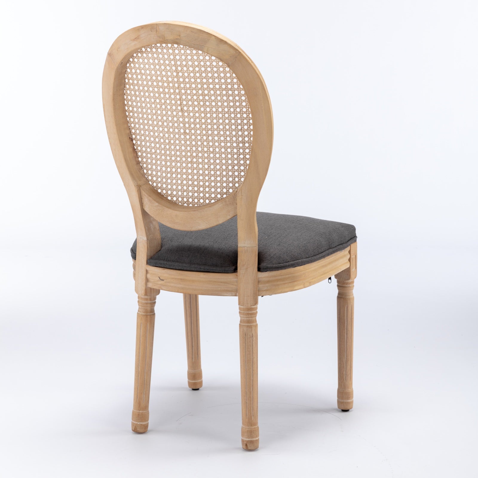 French country accent chair with natural wood finish and grey linen seat