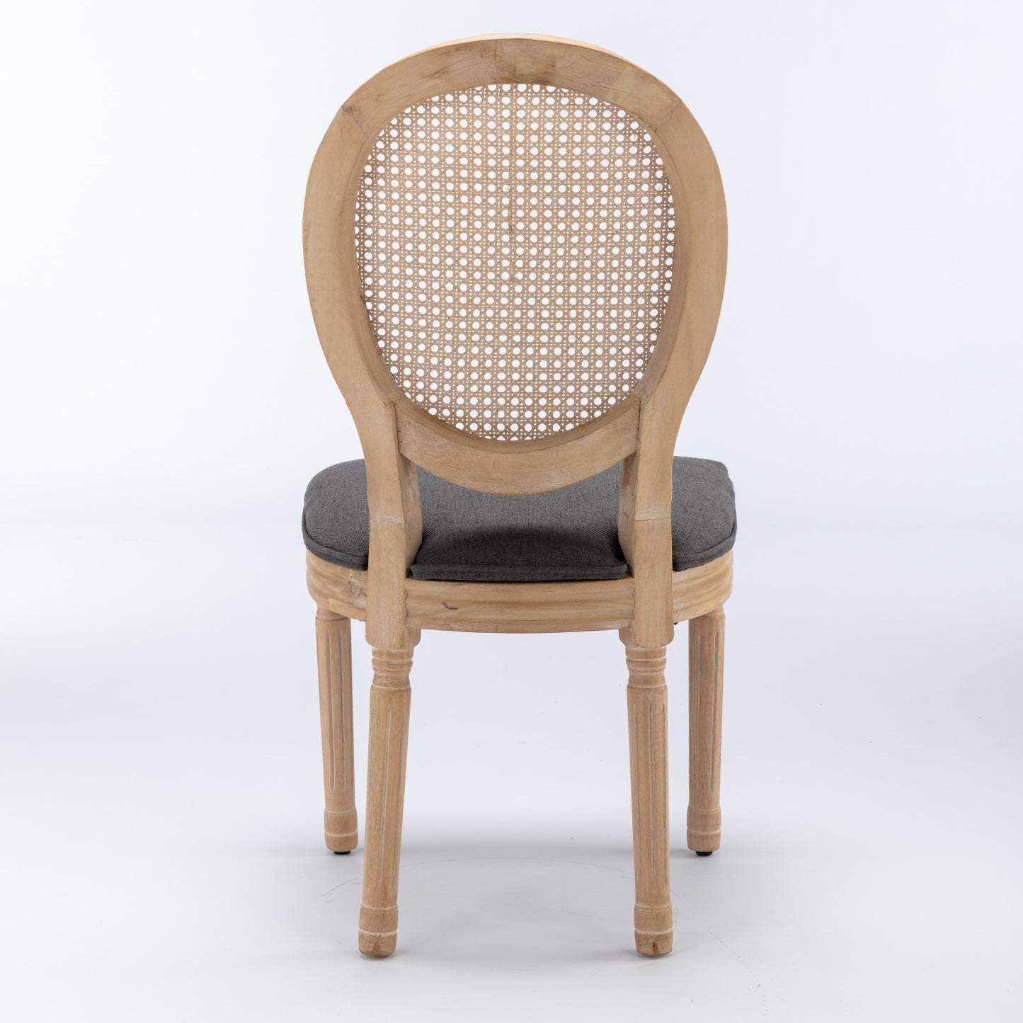 Distressed oak cane back chair with grey upholstered seat