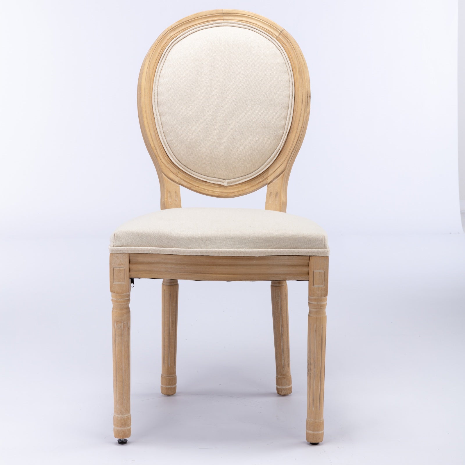 Beige upholstered Louis XVI dining chair with natural wood frame