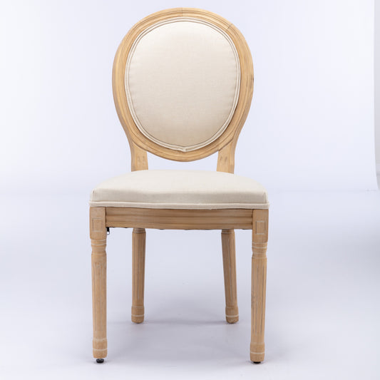 Beige upholstered Louis XVI dining chair with natural wood frame
