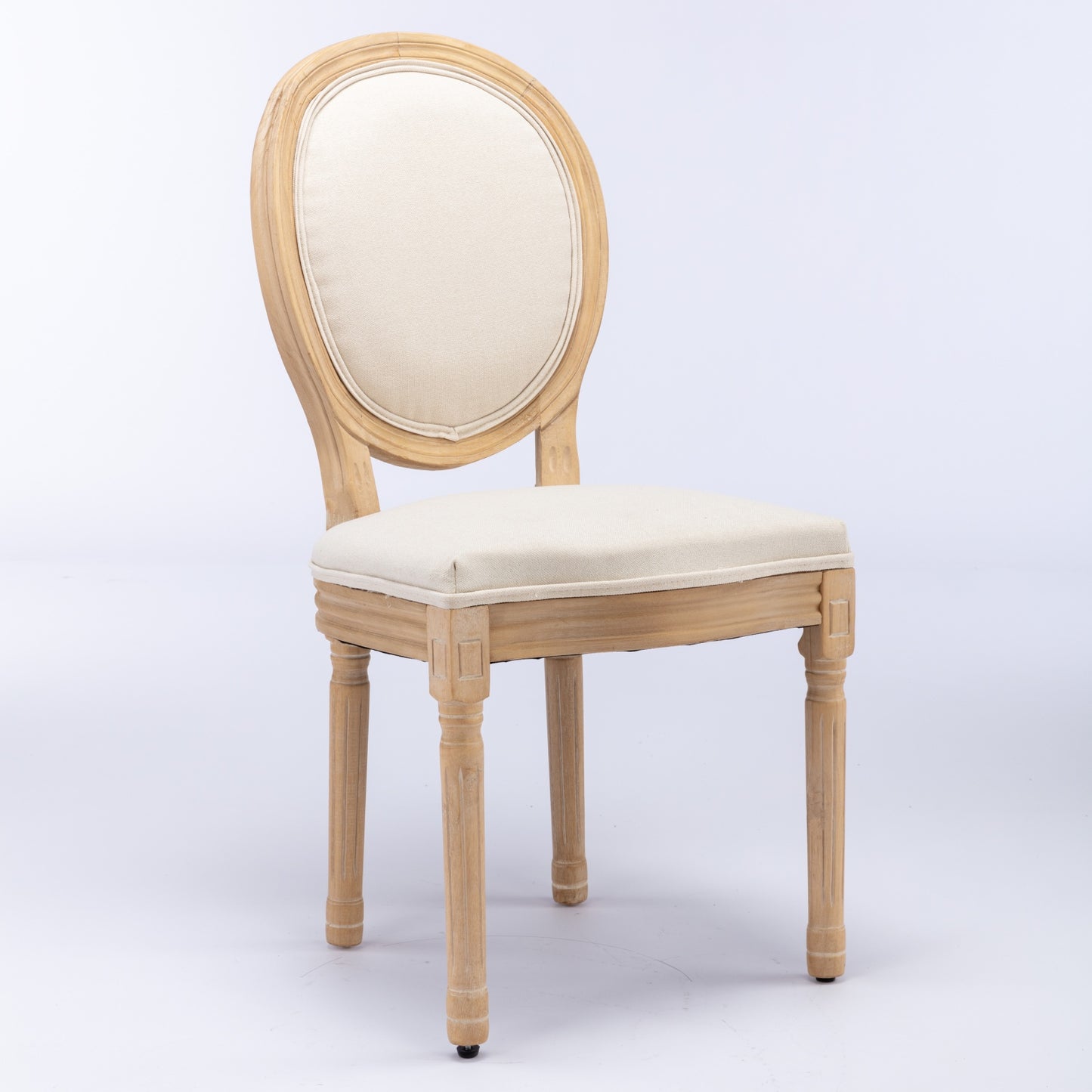 Tufted oval back dining chair with natural wood finish and beige upholstery