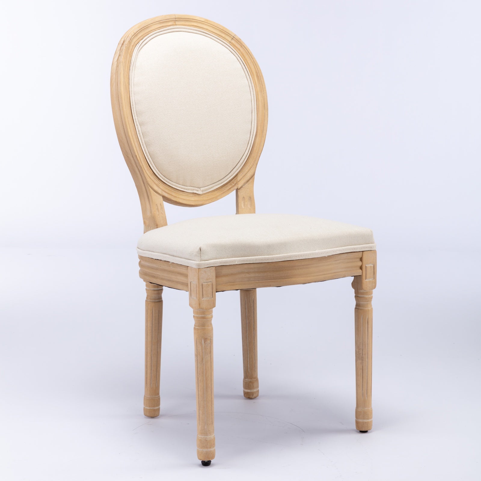 Tufted oval back dining chair with natural wood finish and beige upholstery