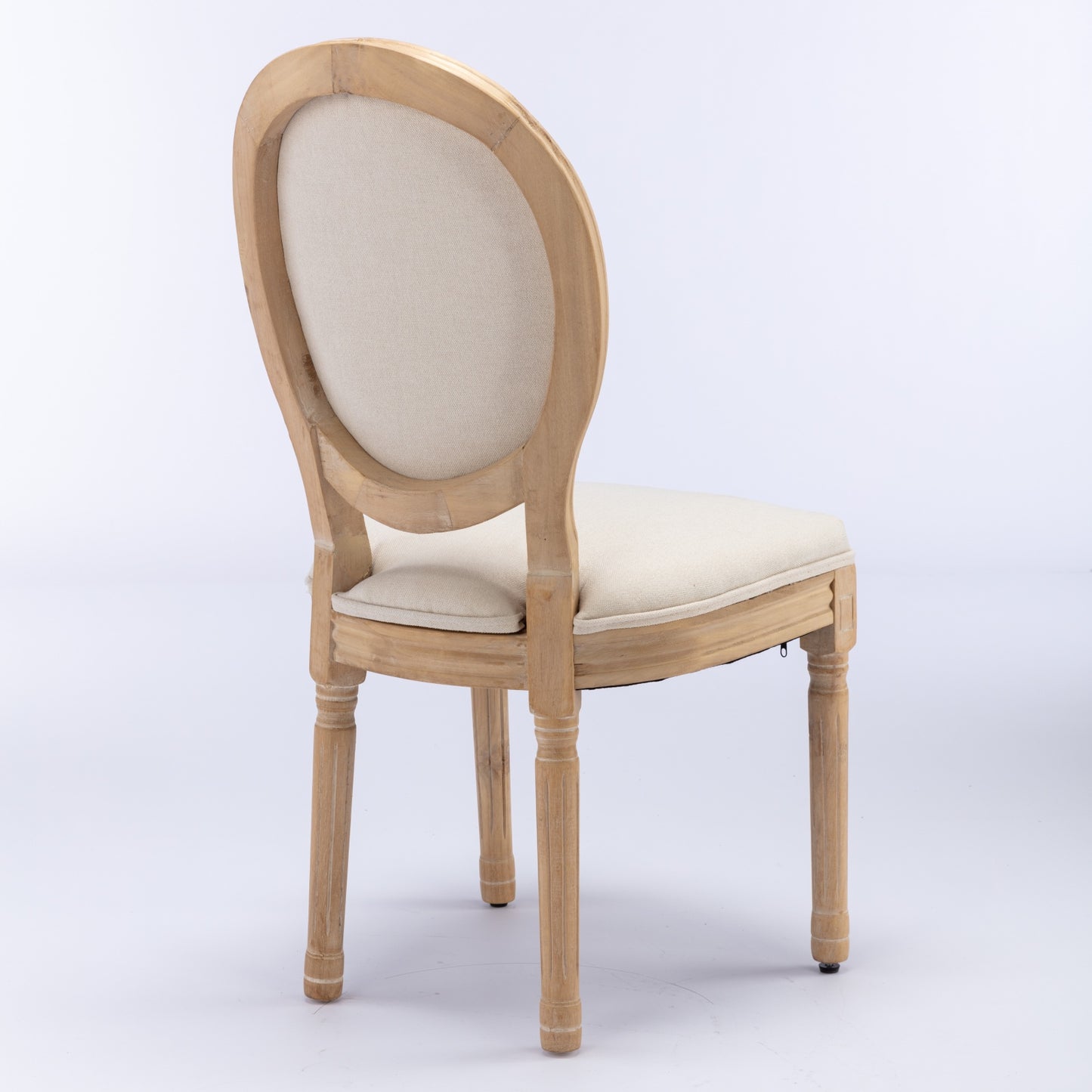 Distressed wood frame upholstered dining chair with beige linen seat and back
